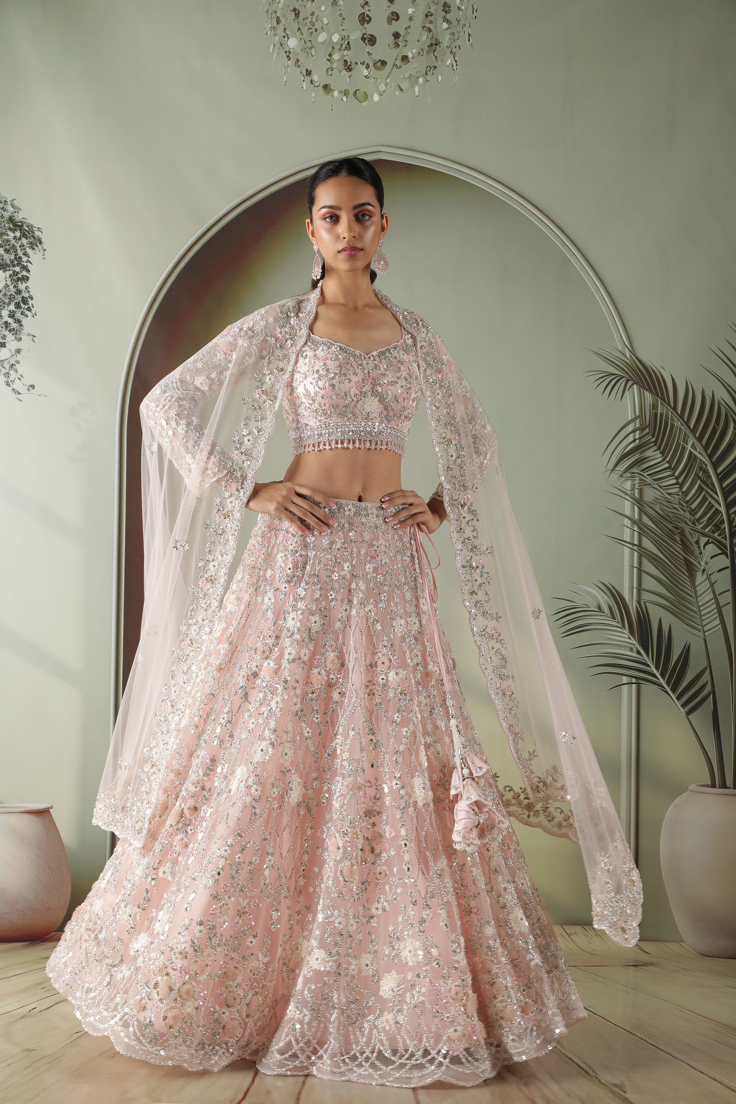 Pink Net Lehenga Set with Pearl, Stone & Sequin Embroidery