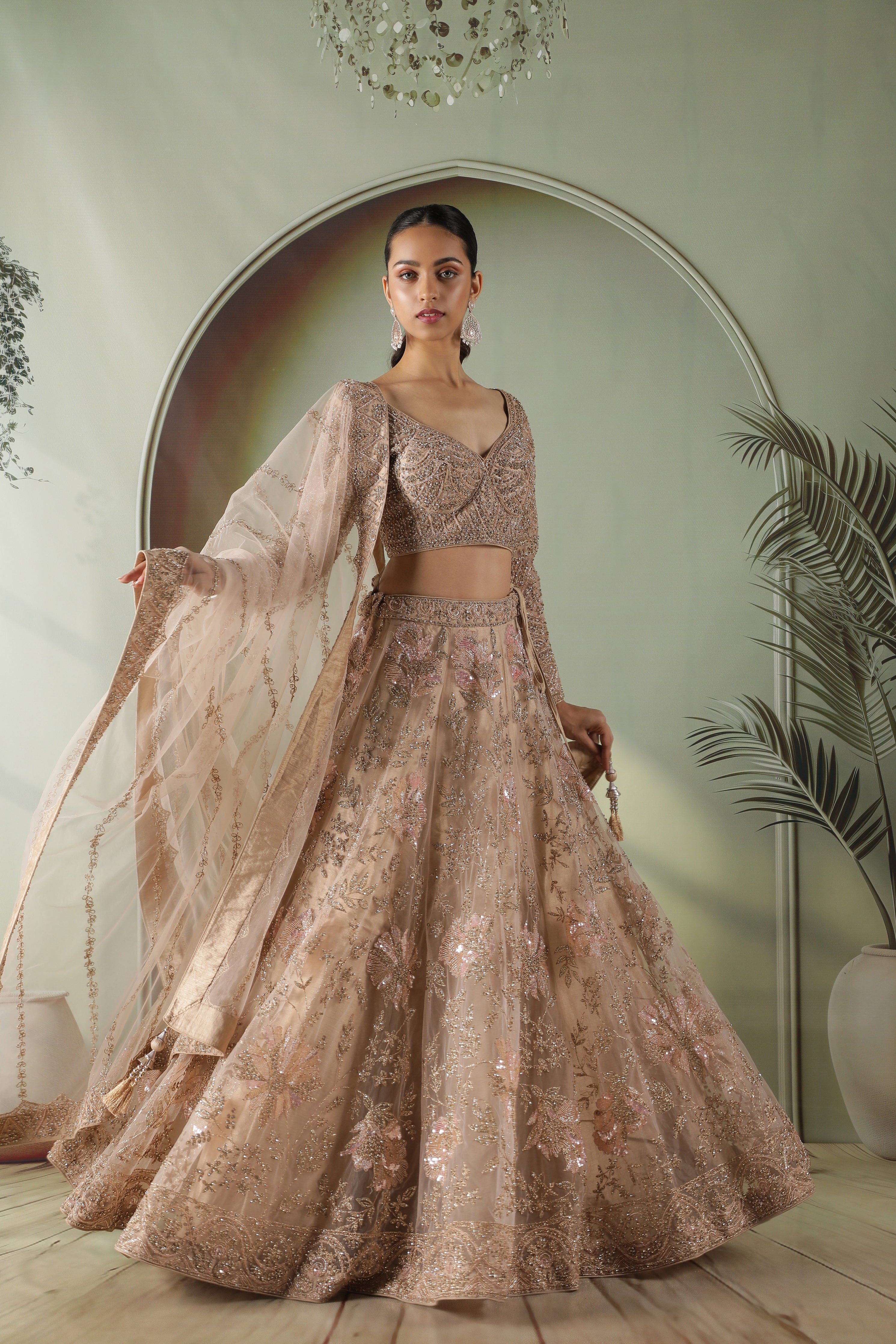 Champagne Gold Floral Embroidered Net Lehenga Set