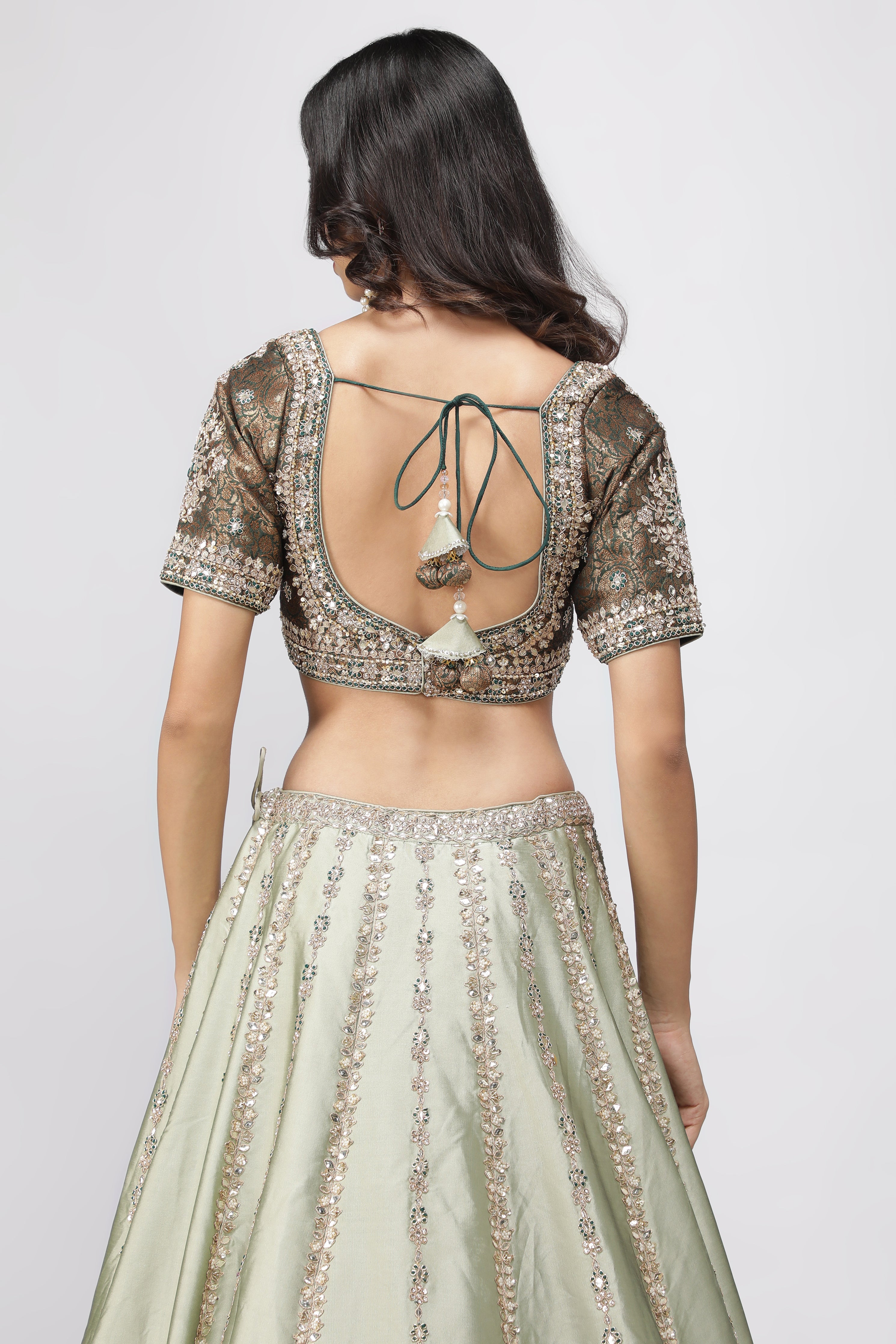 Mint Green Silk Lehenga with Bottle Green Banarasi Blouse