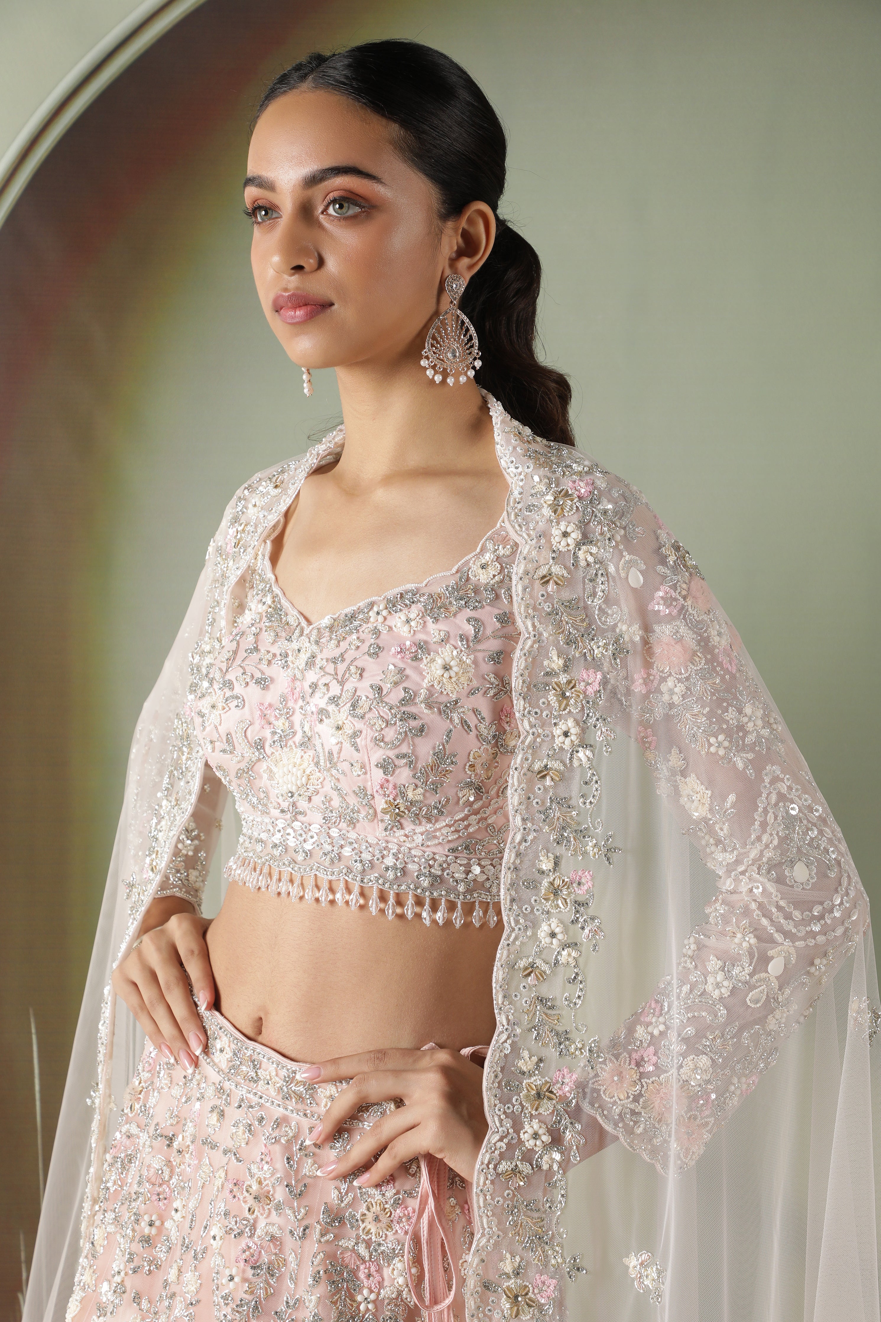 Pink Net Lehenga Set with Pearl, Stone & Sequin Embroidery