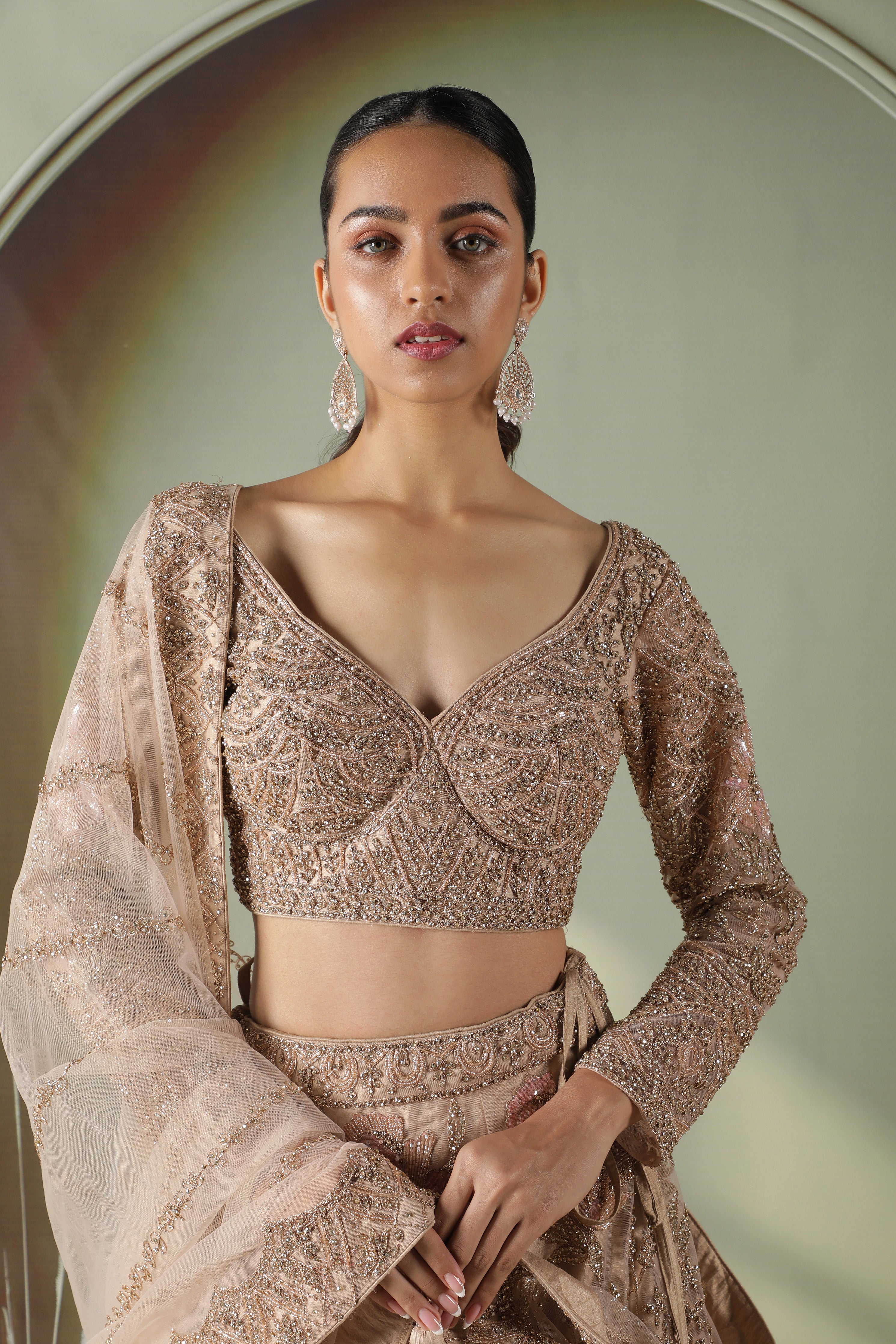 Champagne Gold Floral Embroidered Net Lehenga Set