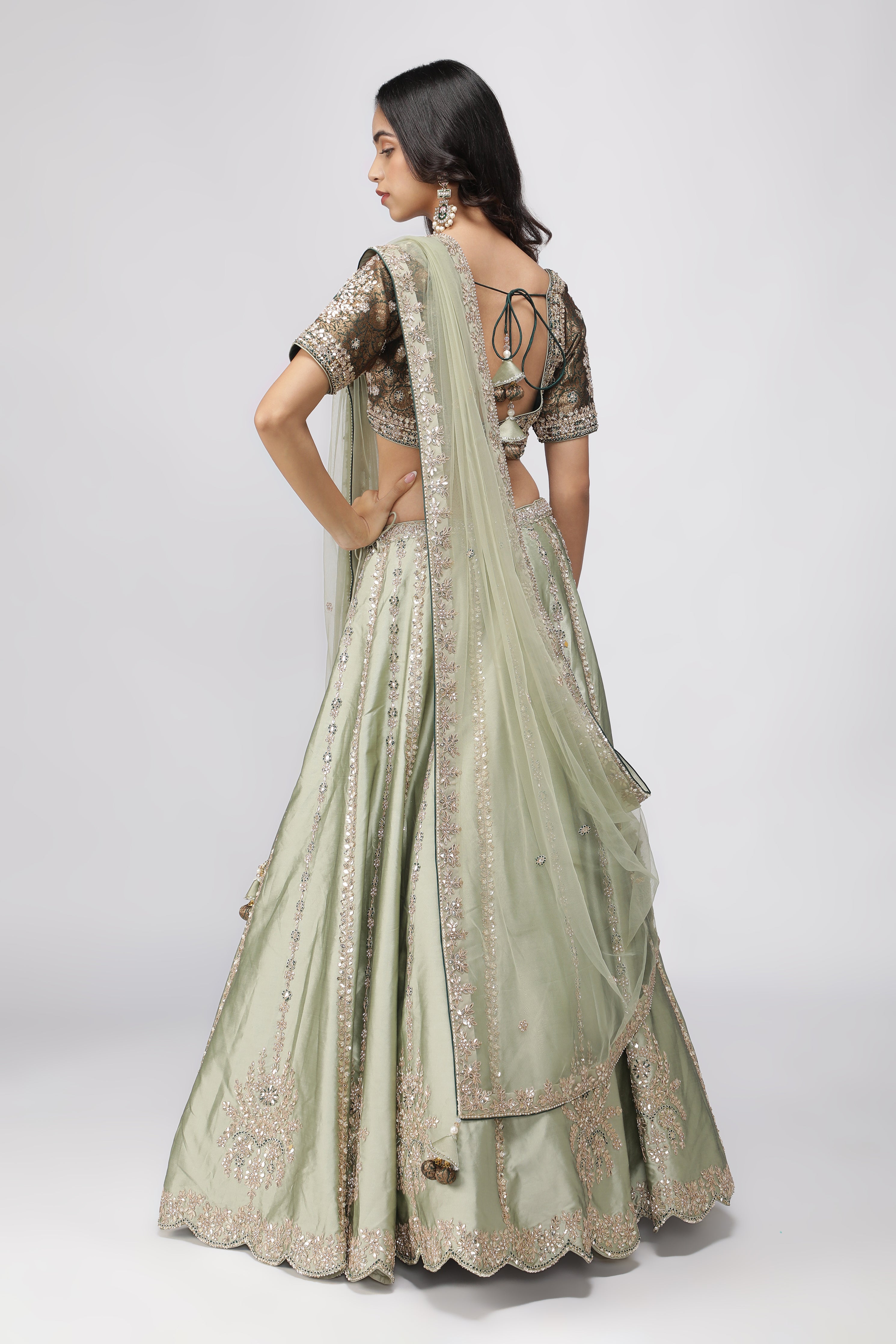 Mint Green Silk Lehenga with Bottle Green Banarasi Blouse