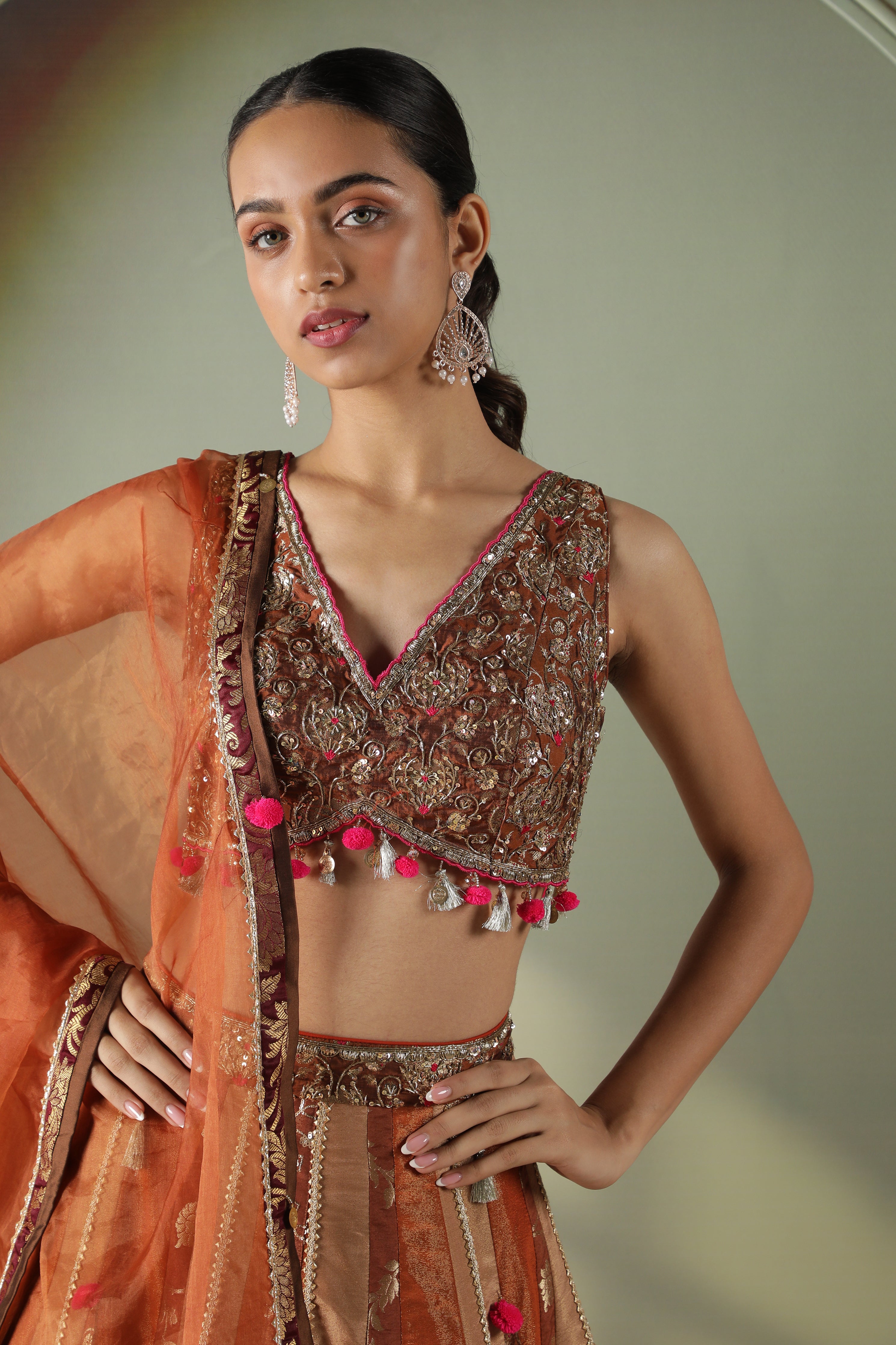 Rust Tissue & Banarasi Lehenga Set