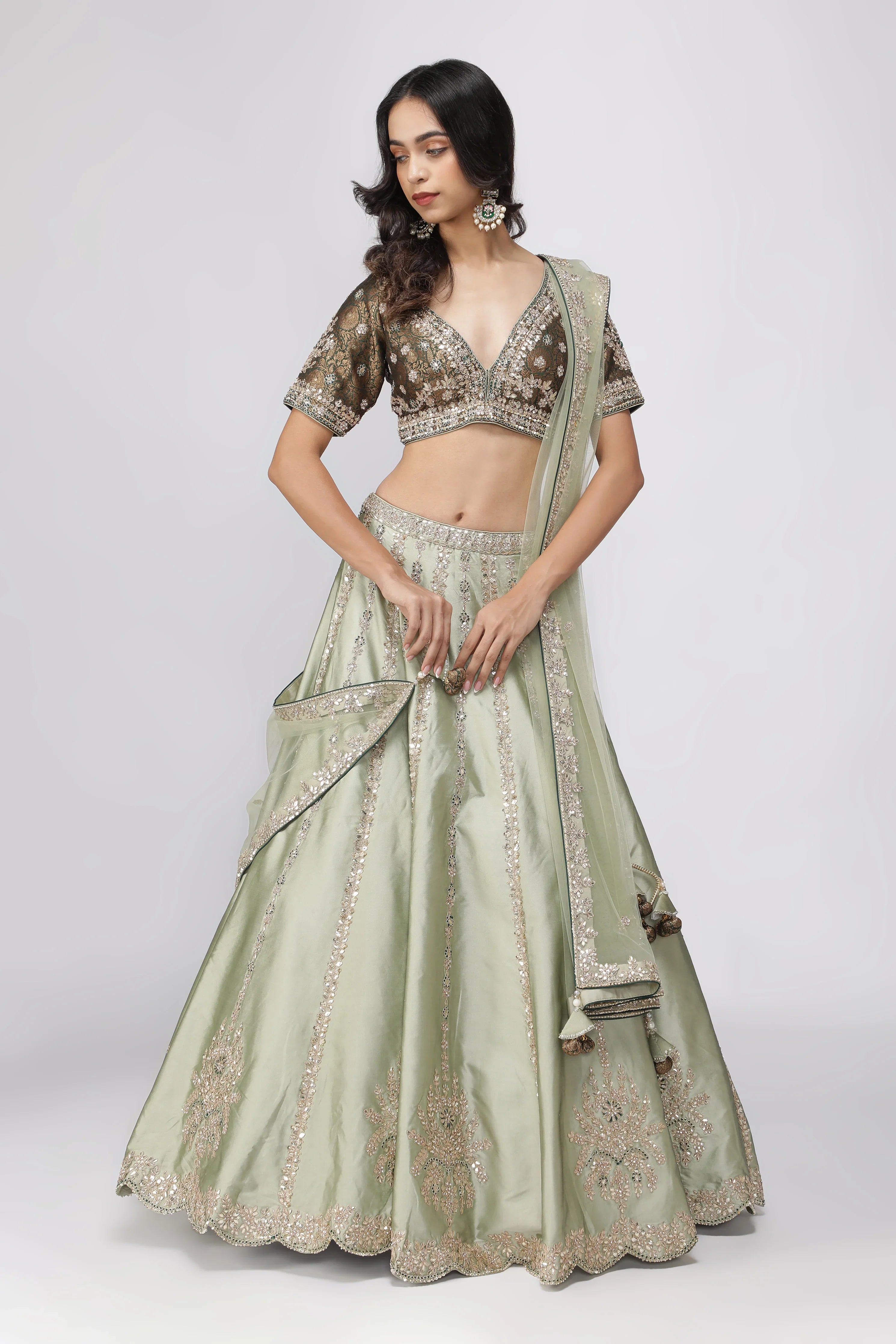 Mint Green Silk Lehenga with Bottle Green Banarasi Blouse | Mokshaa