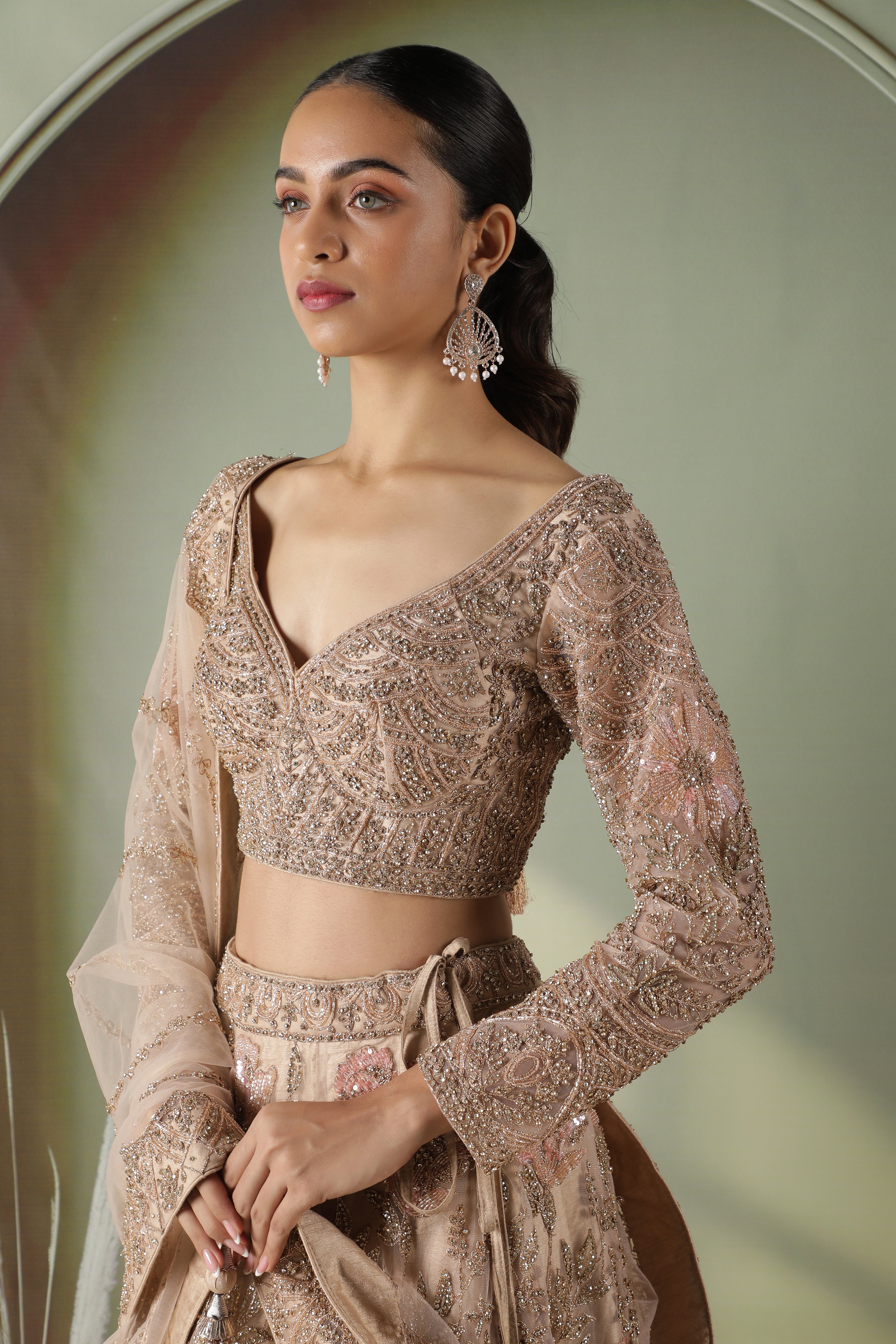 Champagne Gold Floral Embroidered Net Lehenga Set