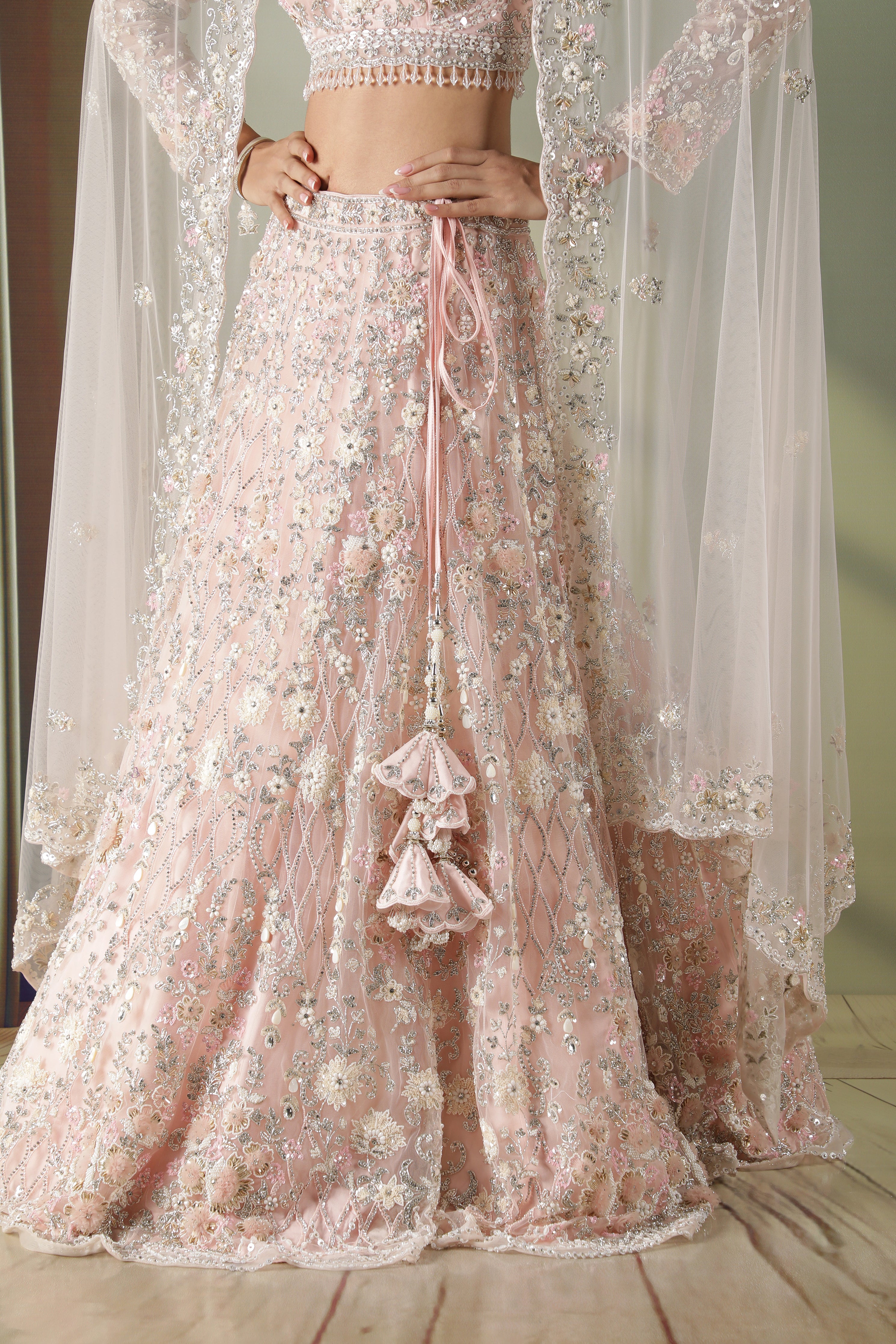 Pink Net Lehenga Set with Pearl, Stone & Sequin Embroidery