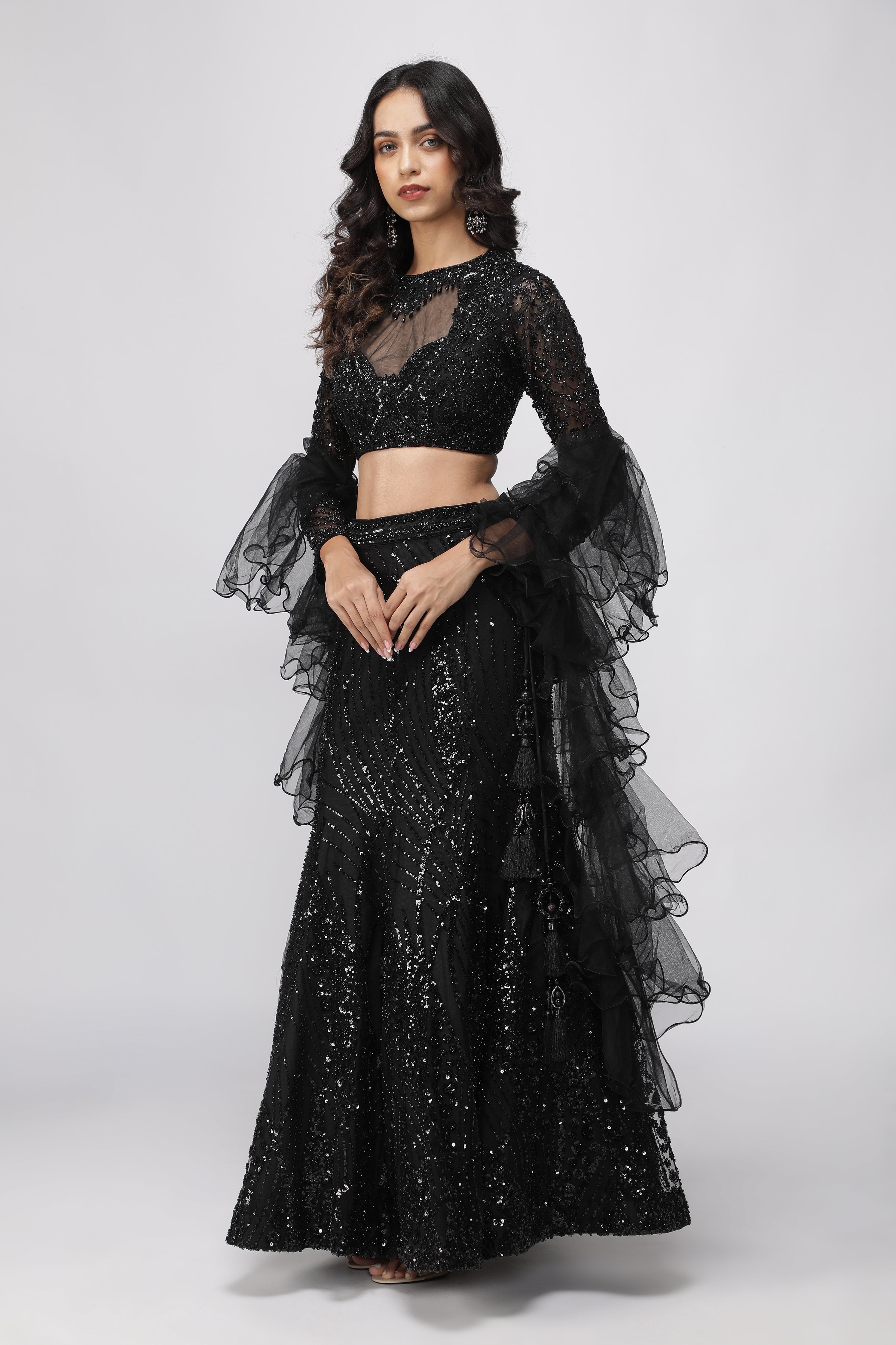 Black Net Sequin Embroidered Mermaid Lehenga Set with Ruffle Dupatta