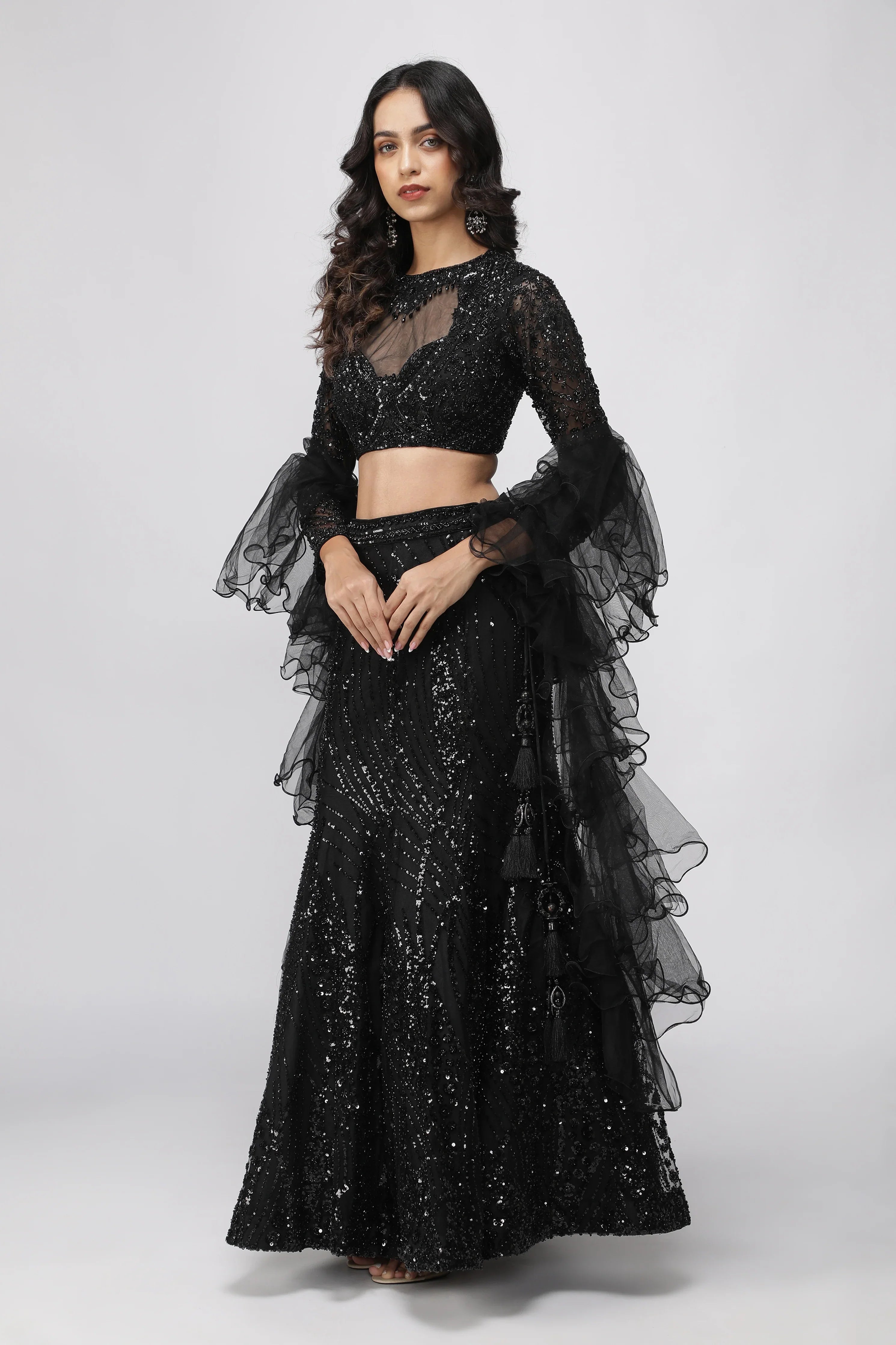 Black Net Sequin Embroidered Mermaid Lehenga Set with Ruffle Dupatta - Mokshaa