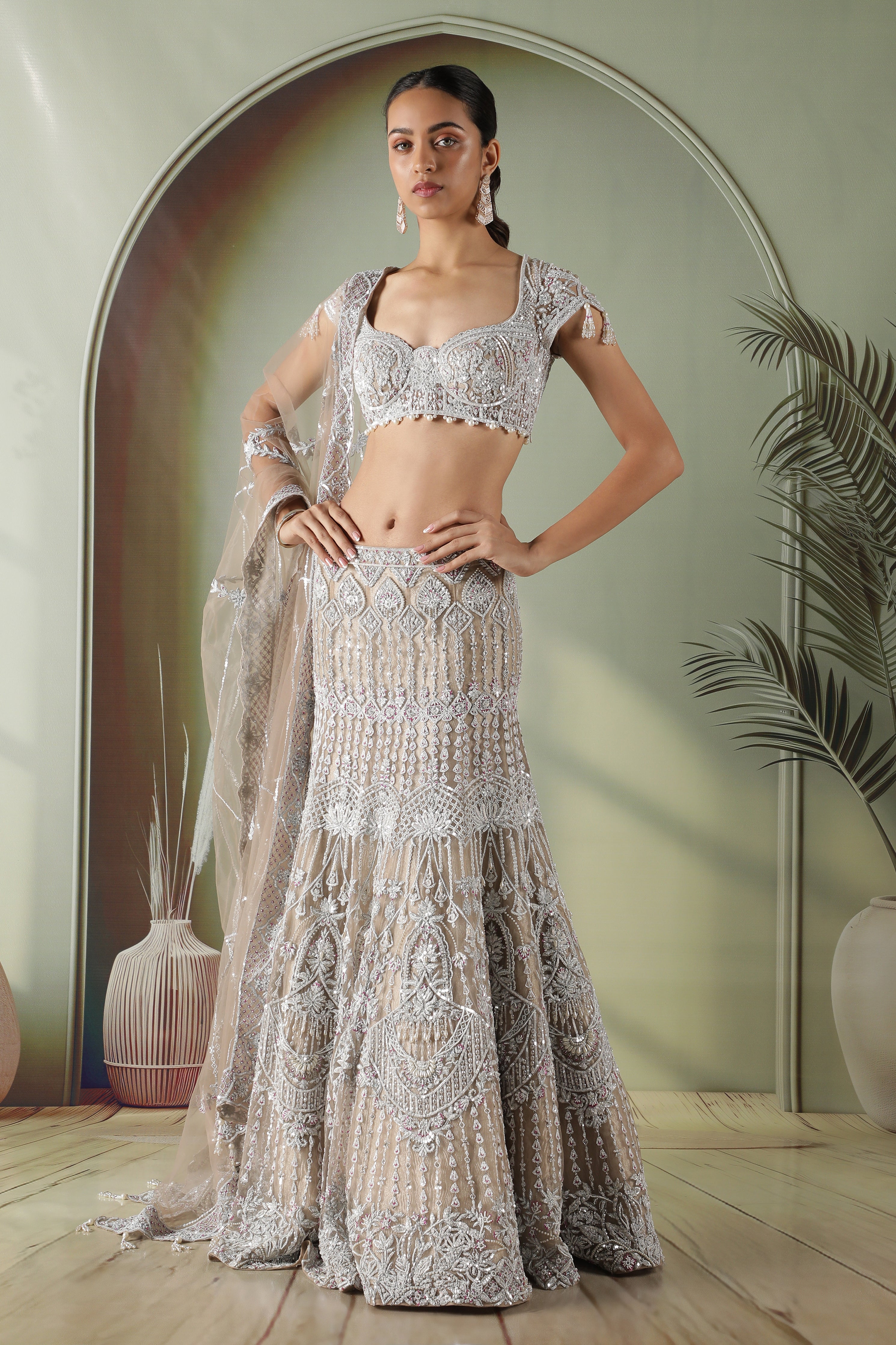 Champagne Mermaid Cut Net Lehenga Set