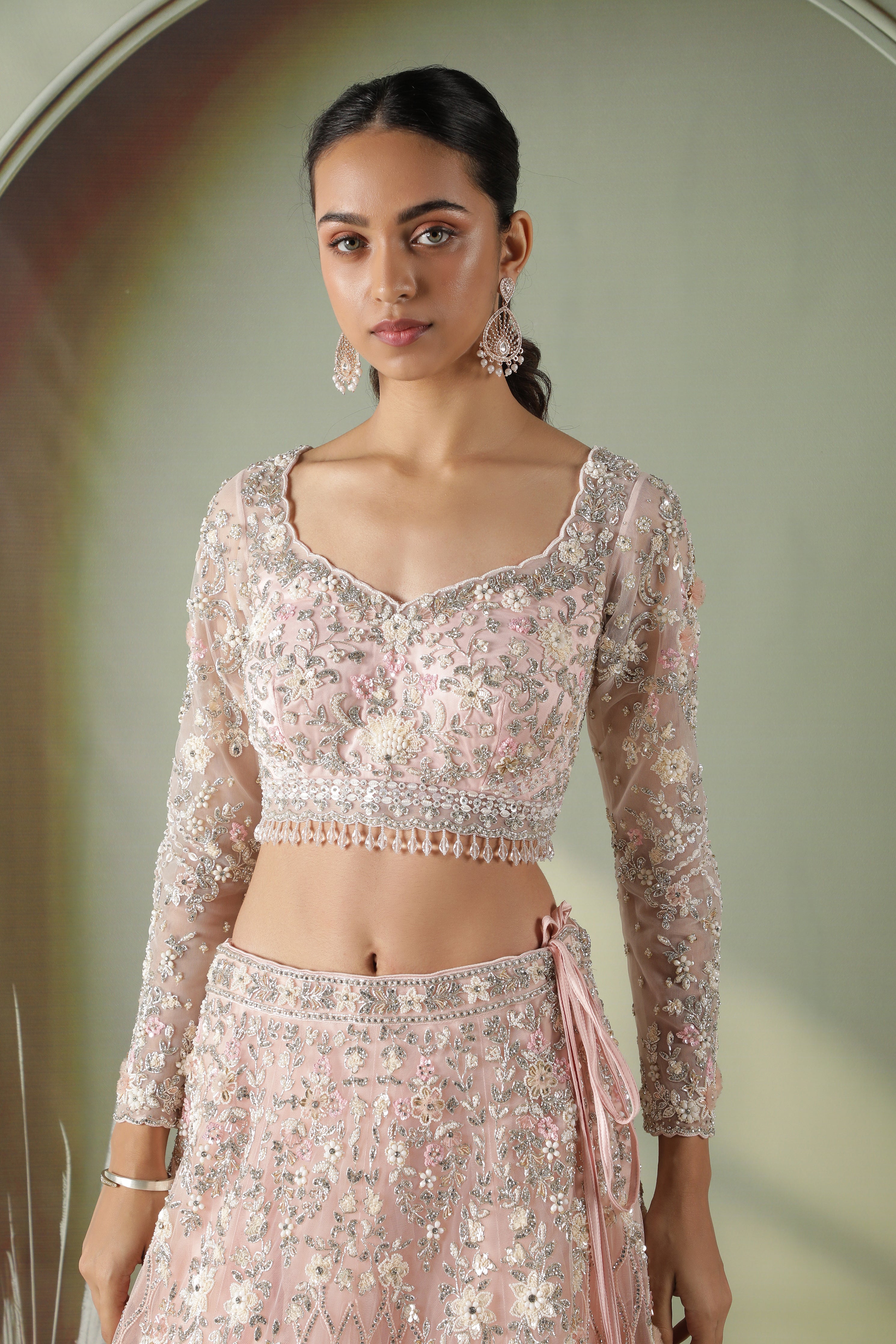 Pink Net Lehenga Set with Pearl, Stone & Sequin Embroidery