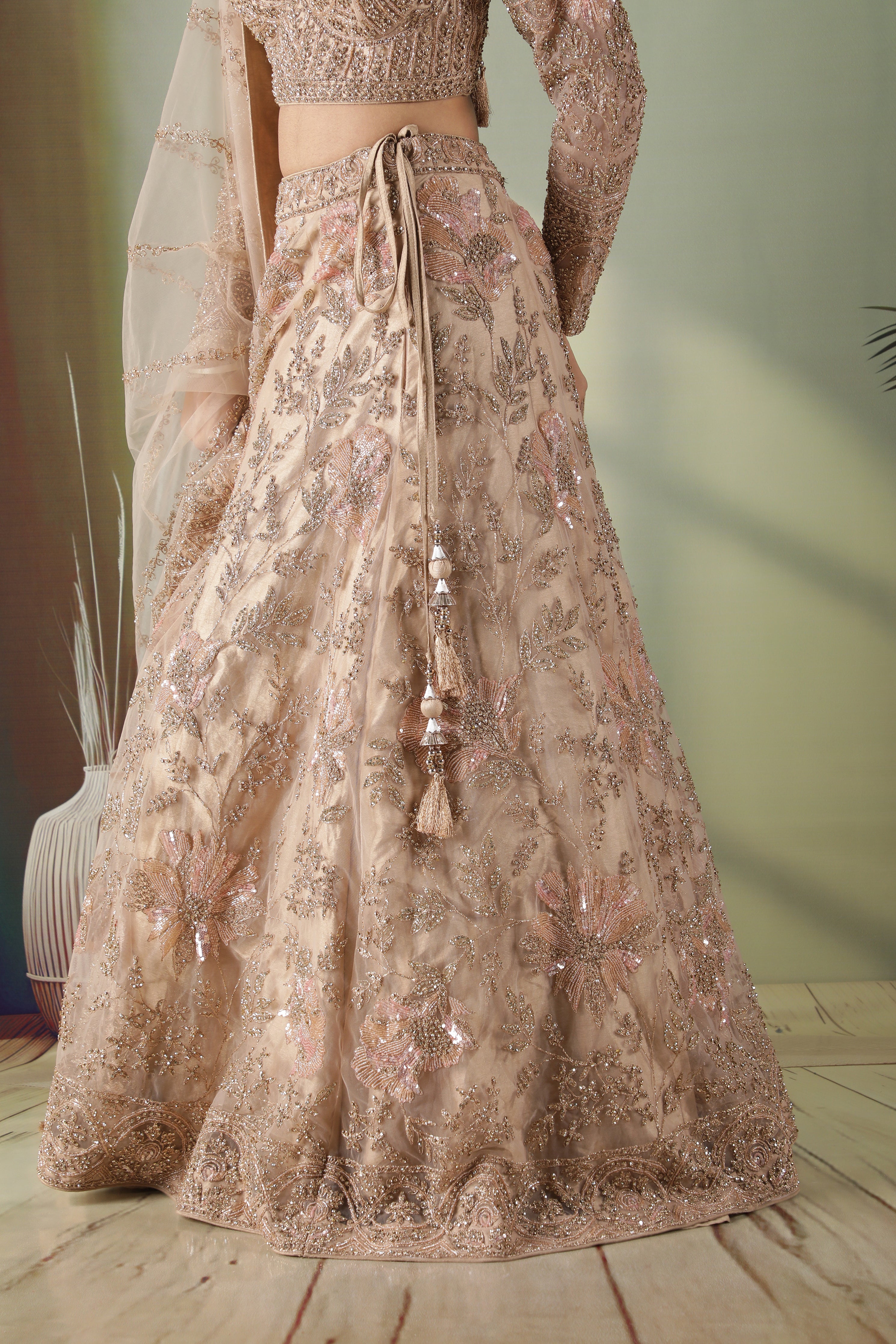 Champagne Gold Floral Embroidered Net Lehenga Set