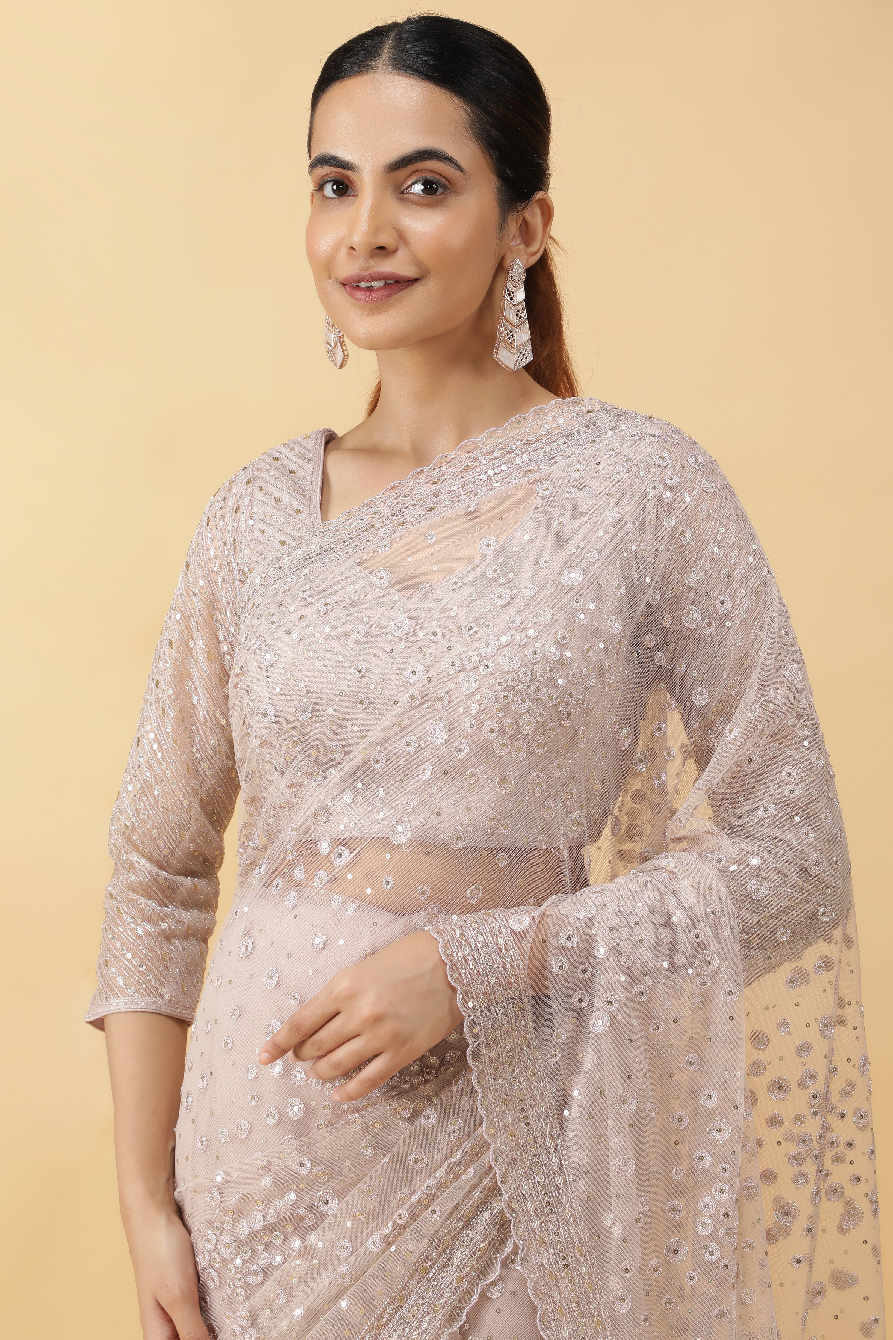 Iver Net Saree with Sequins Embroidery
