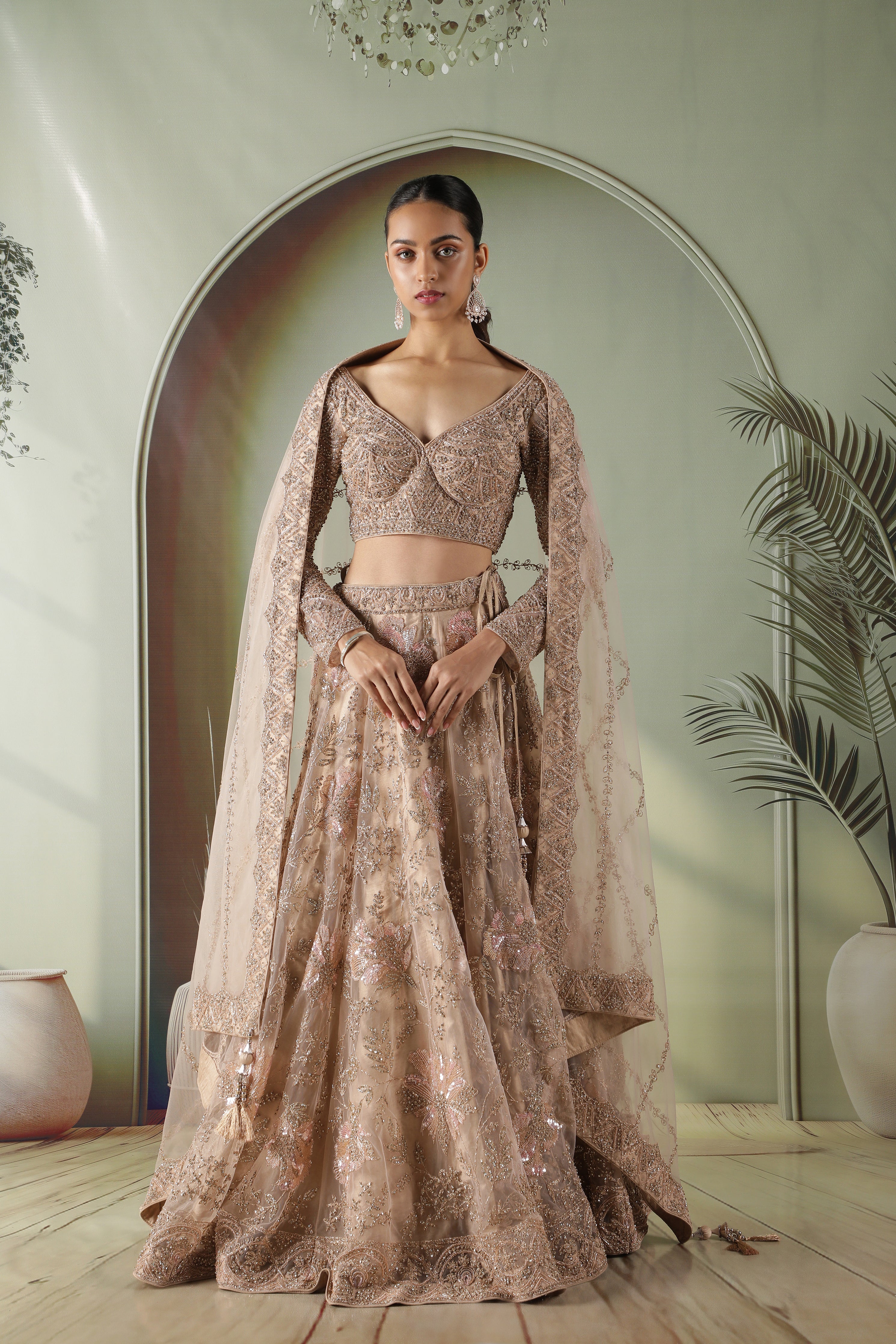 Champagne Gold Floral Embroidered Net Lehenga Set