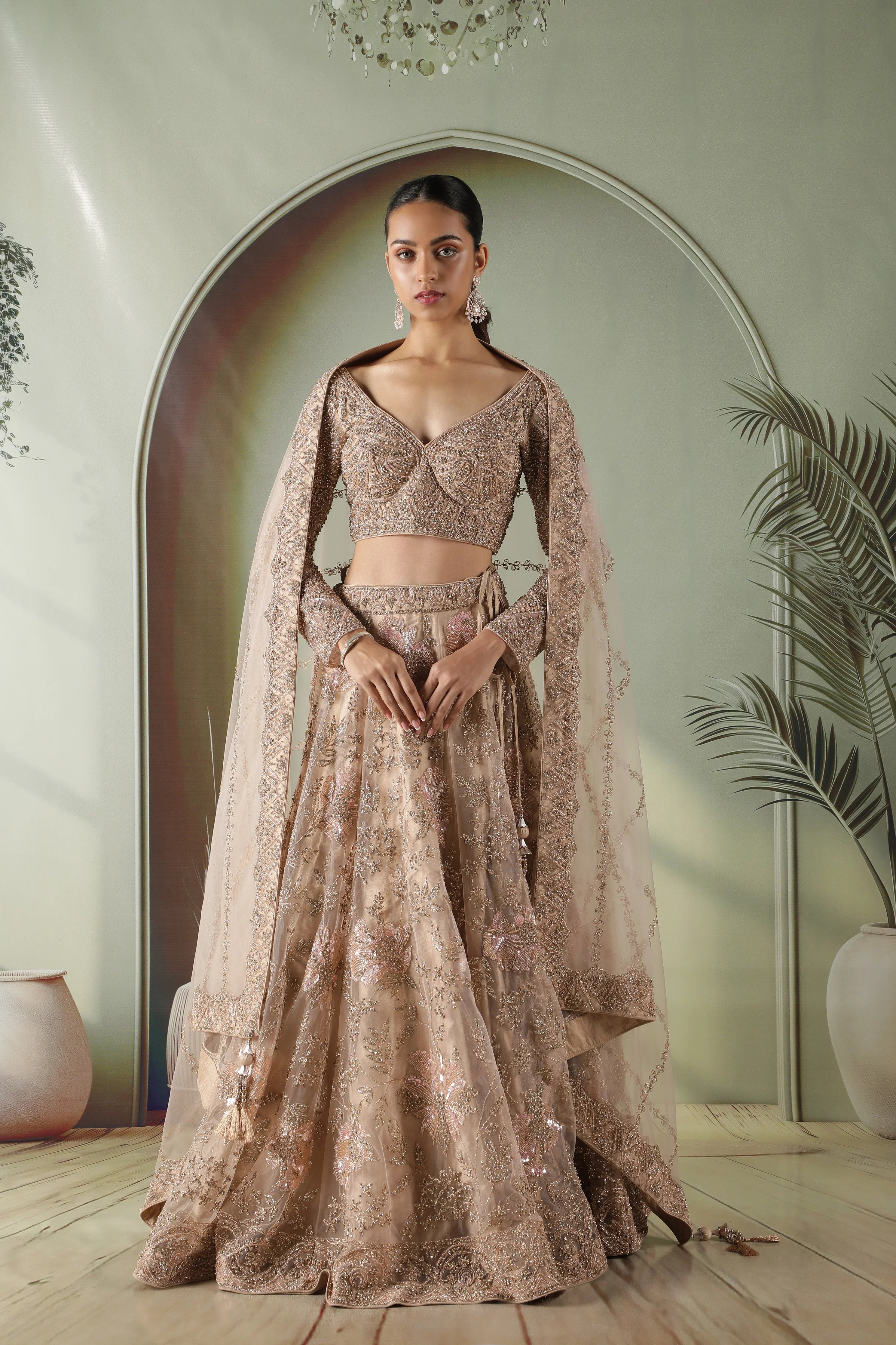 Champagne Gold Floral Embroidered Net Lehenga Set | Mokshaa