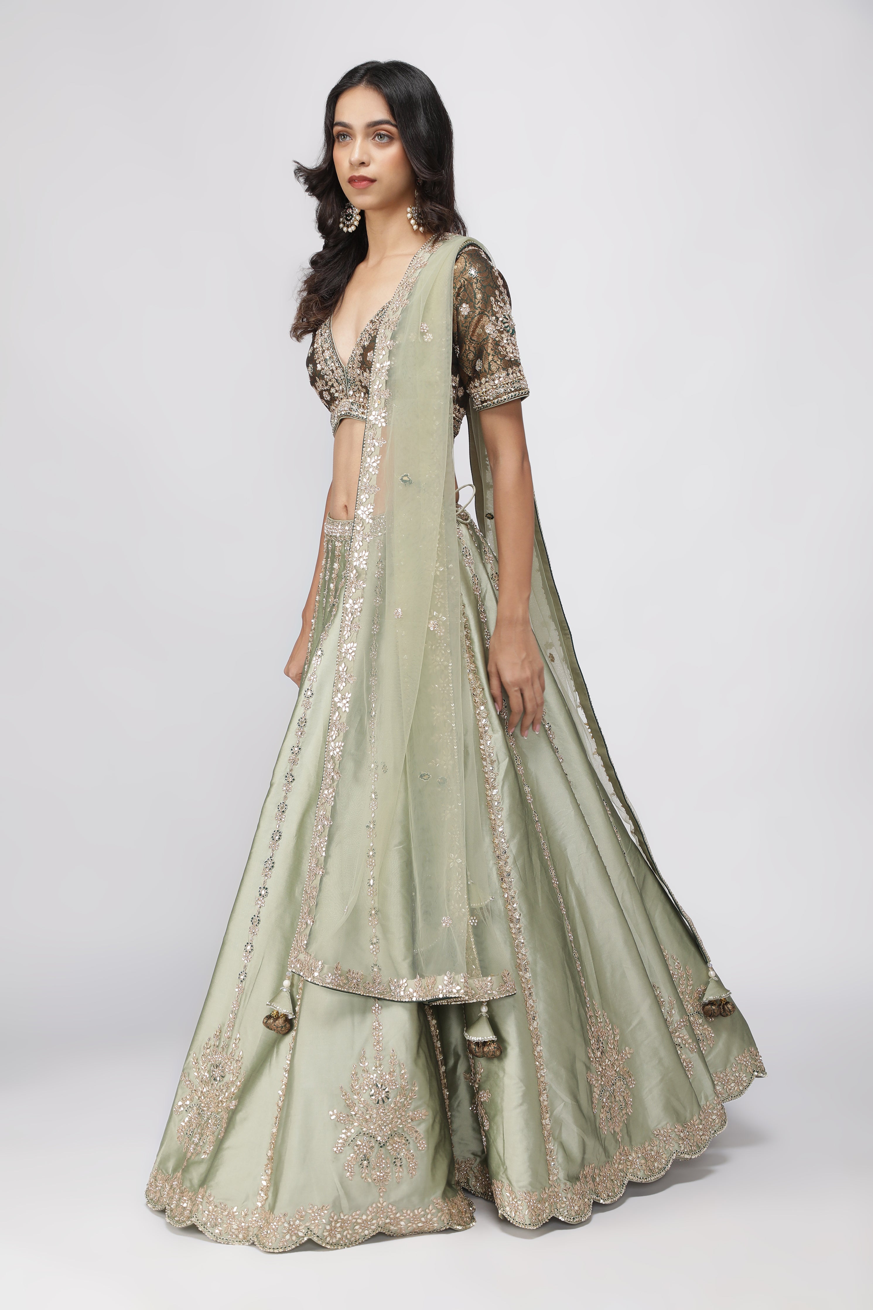 Mint Green Silk Lehenga with Bottle Green Banarasi Blouse