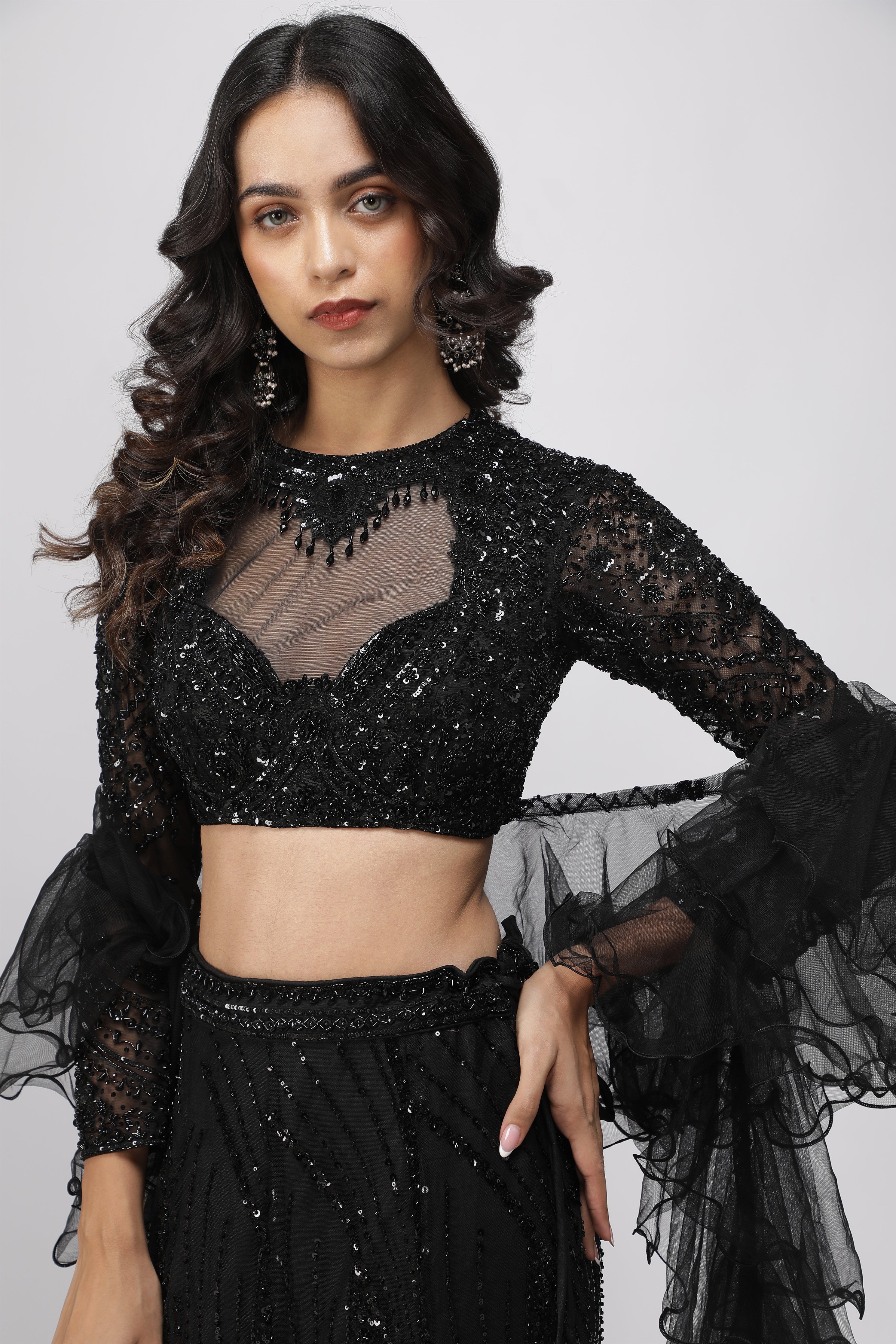 Black Net Sequin Embroidered Mermaid Lehenga Set with Ruffle Dupatta
