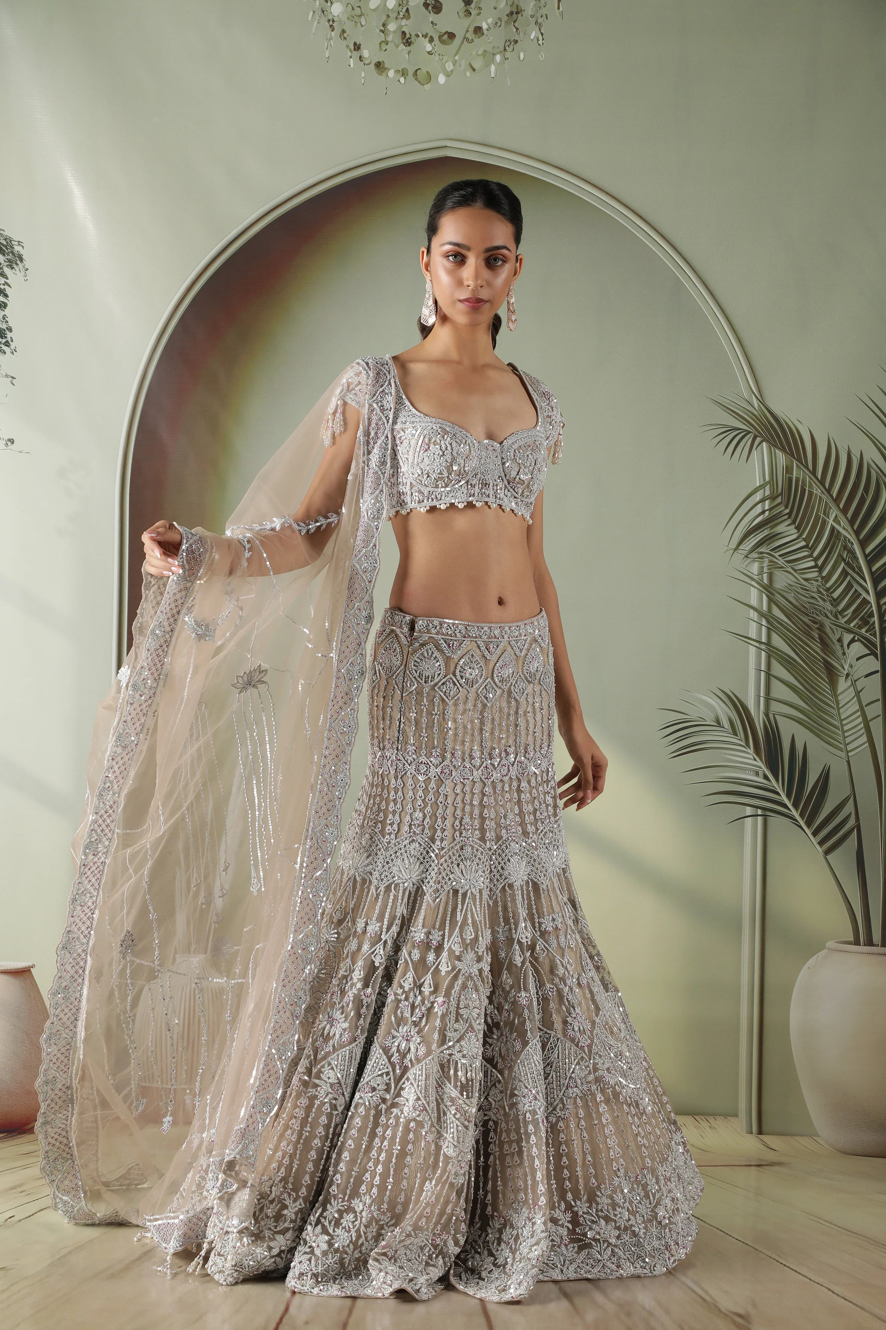 Champagne Mermaid Cut Net Lehenga Set | Mokshaa