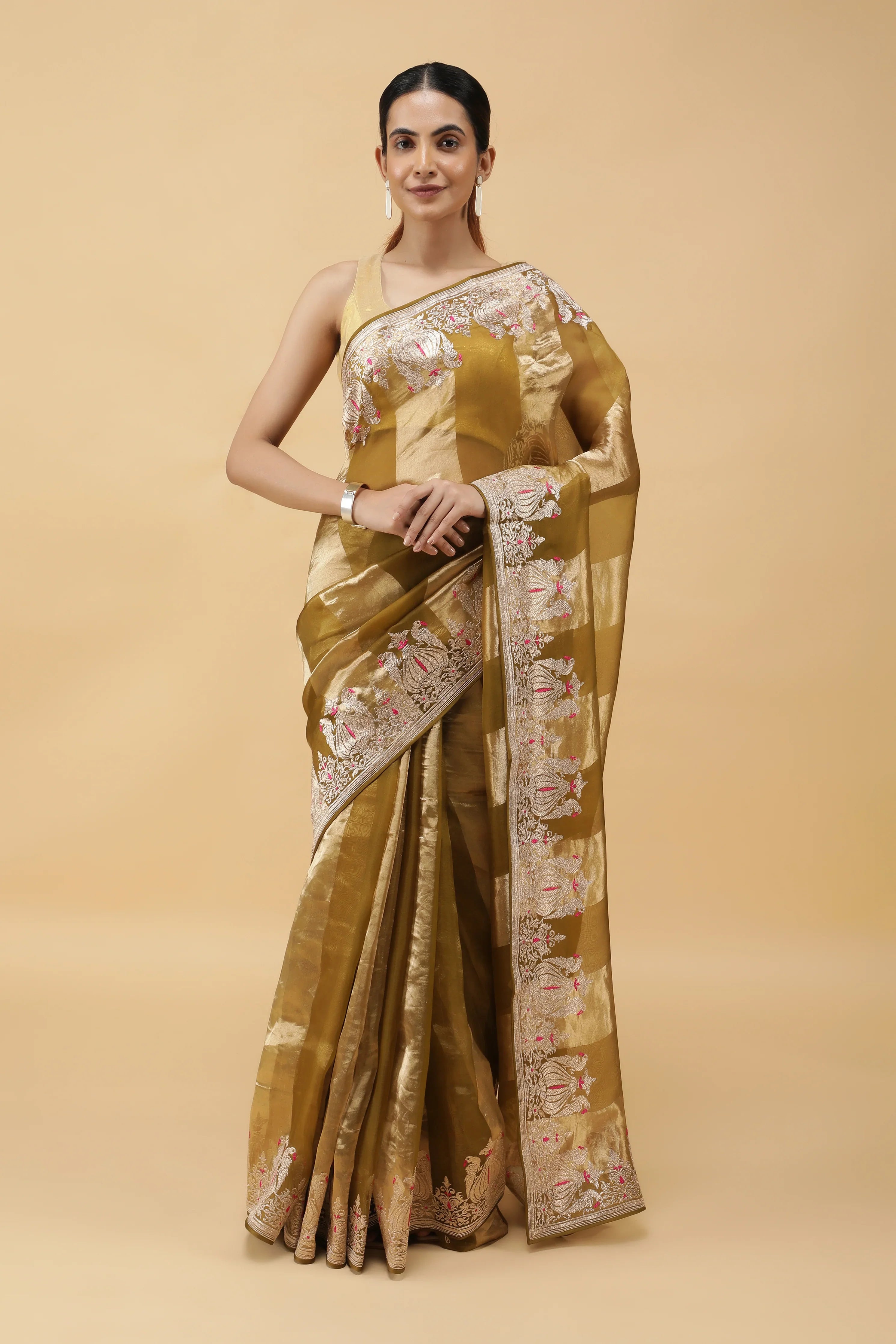 Golden Green Tissue Organza Saree with Meena Embroidery | Mokshaa