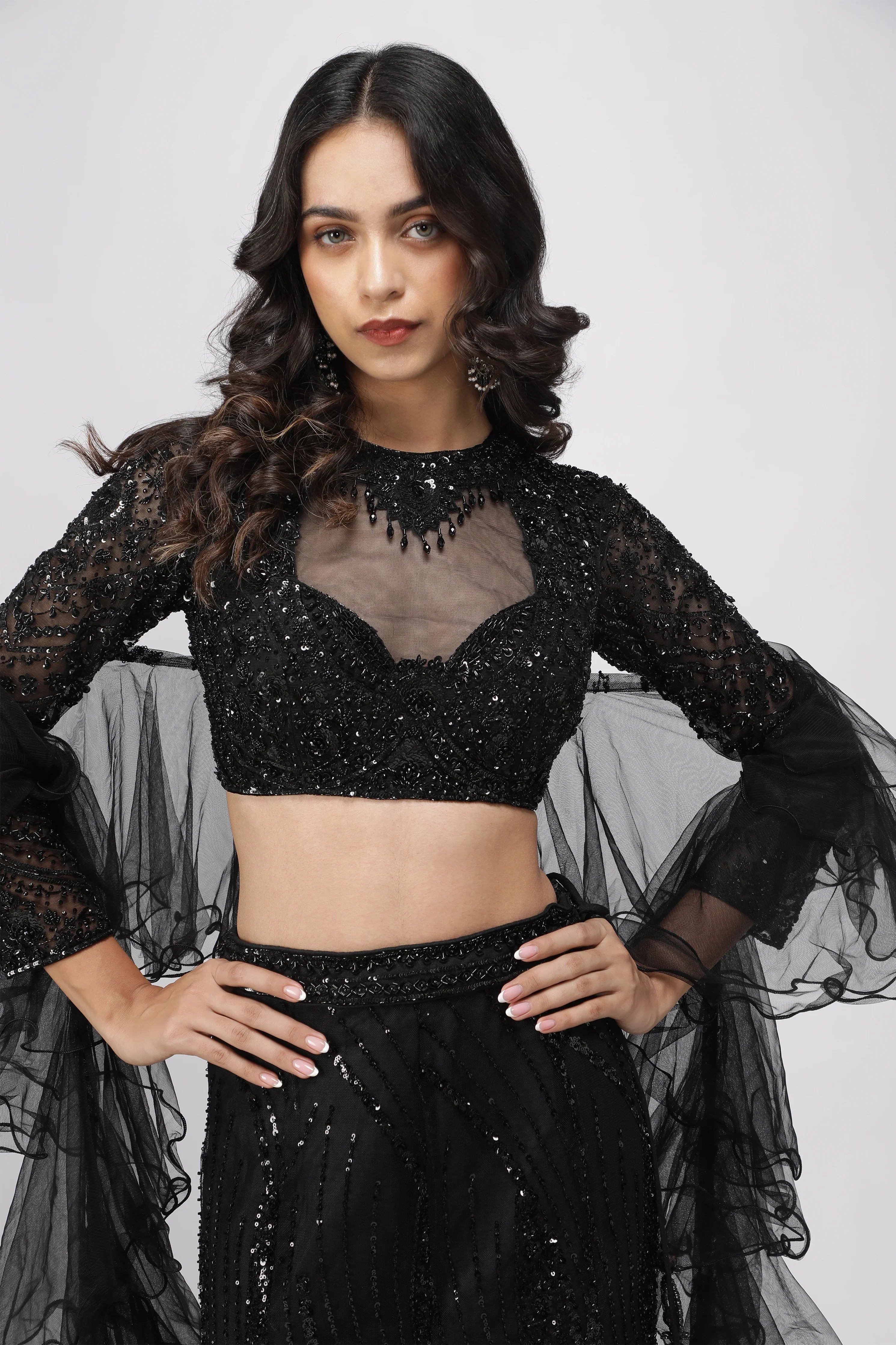Black Net Sequin Embroidered Mermaid Lehenga Set with Ruffle Dupatta - Mokshaa