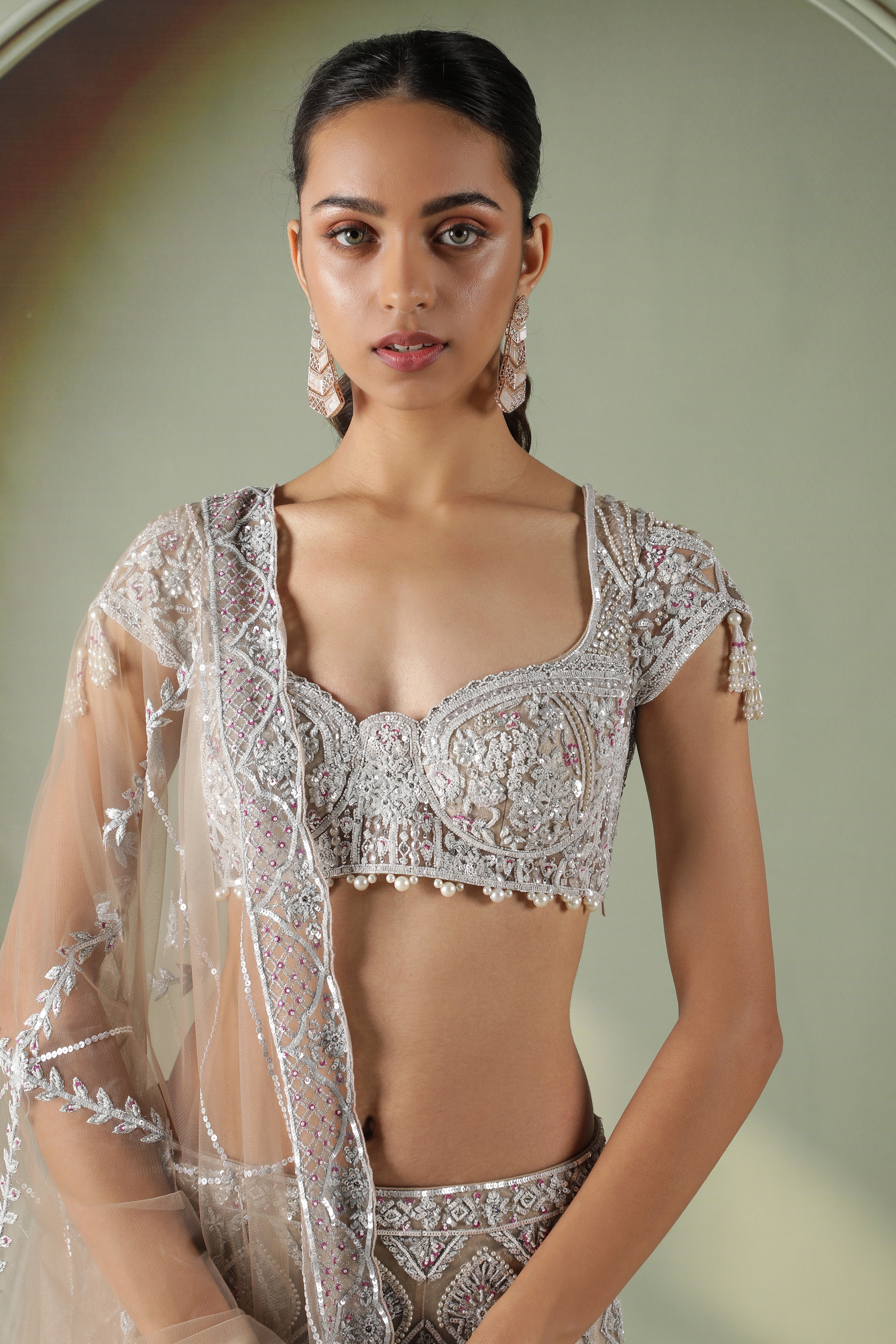 Champagne Mermaid Cut Net Lehenga Set
