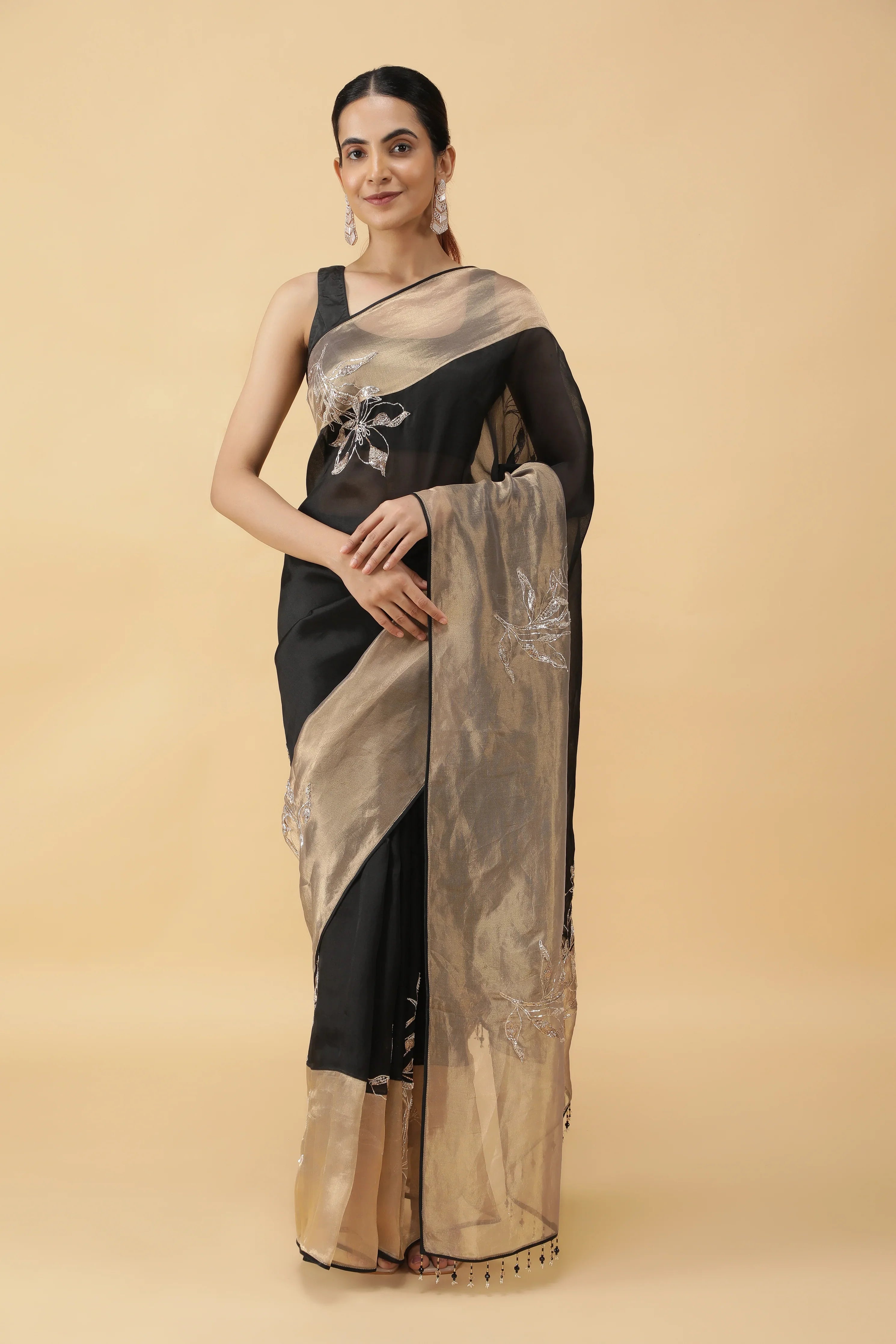 Black Organza Saree with Gold Tissue Border & Sequin Zari Motifs | Mokshaa
