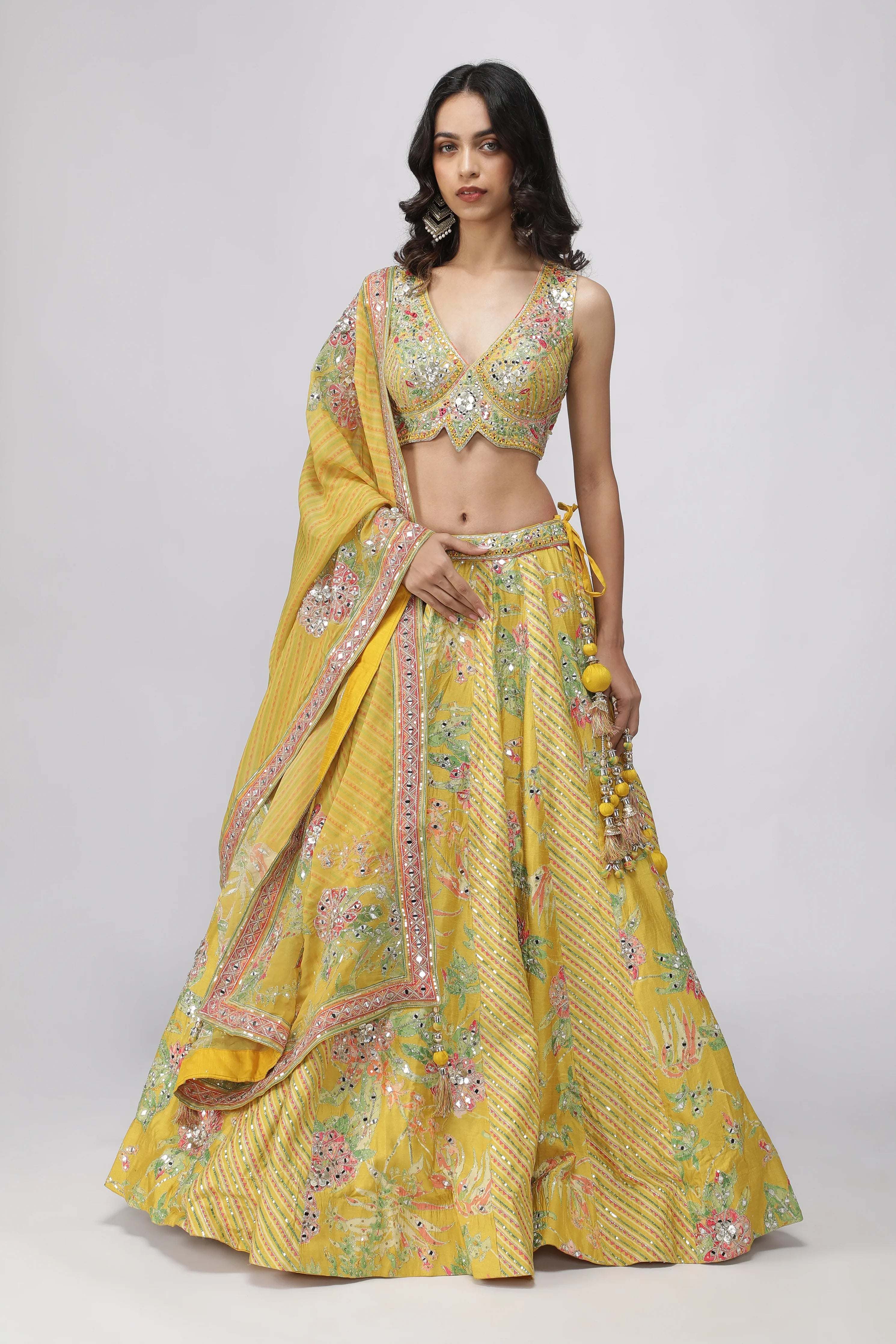 Yellow Silk Floral Printed Lehenga Set | Mokshaa