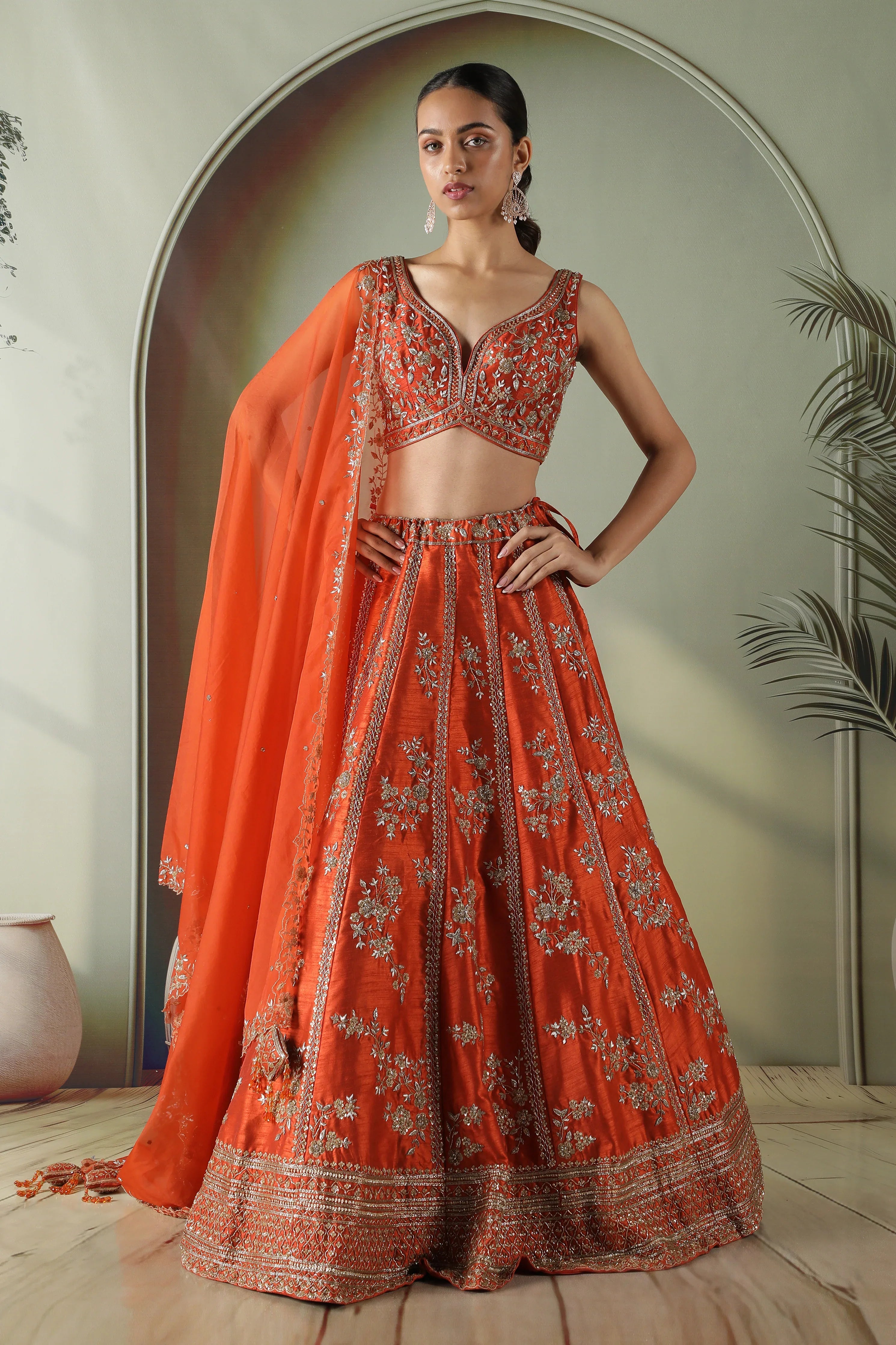 Rust Raw Silk Lehenga Set | Mokshaa