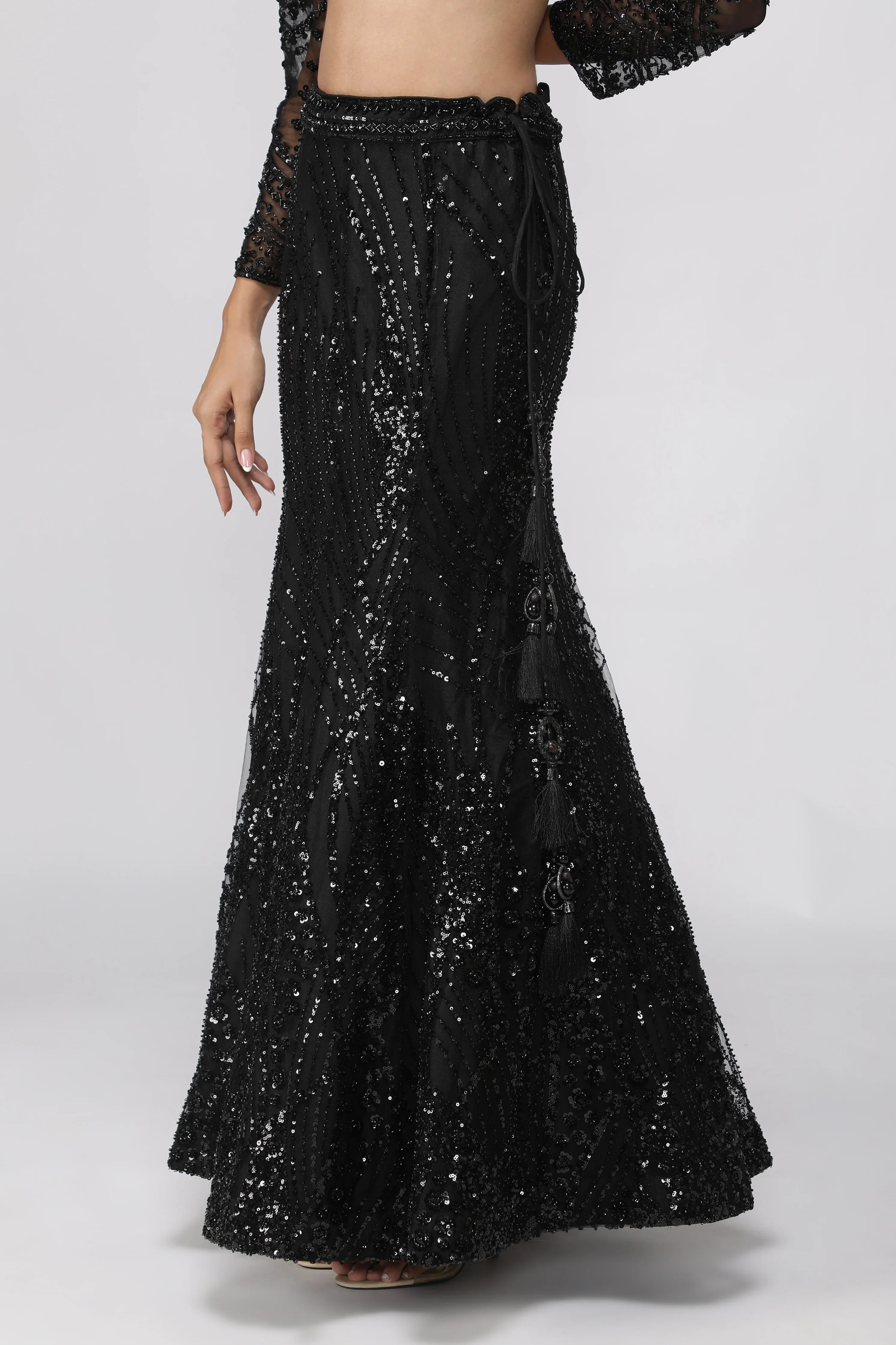Black Net Sequin Embroidered Mermaid Lehenga Set with Ruffle Dupatta - Mokshaa