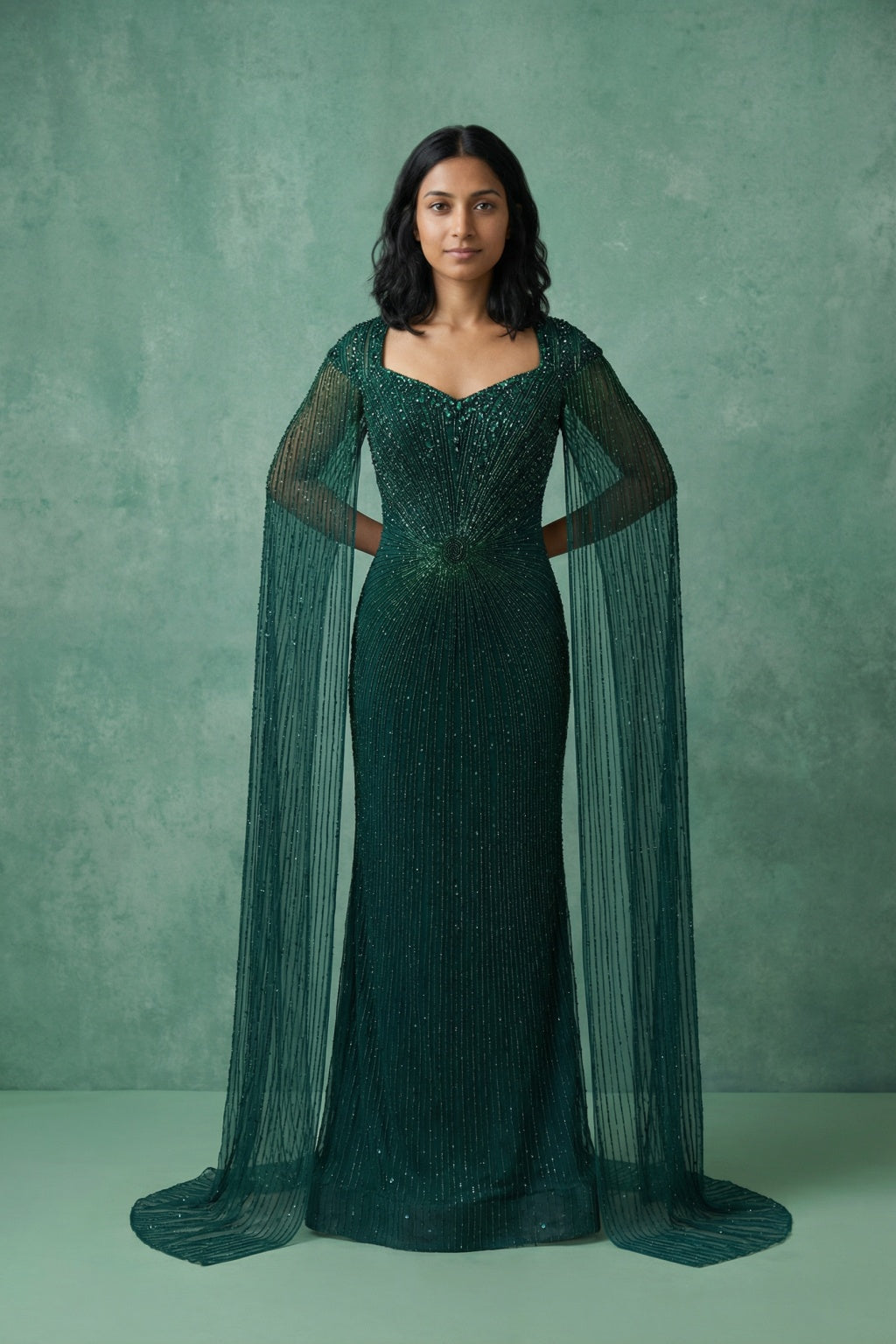 Bottle Green Net Mermaid Gown with Cape Sleeves