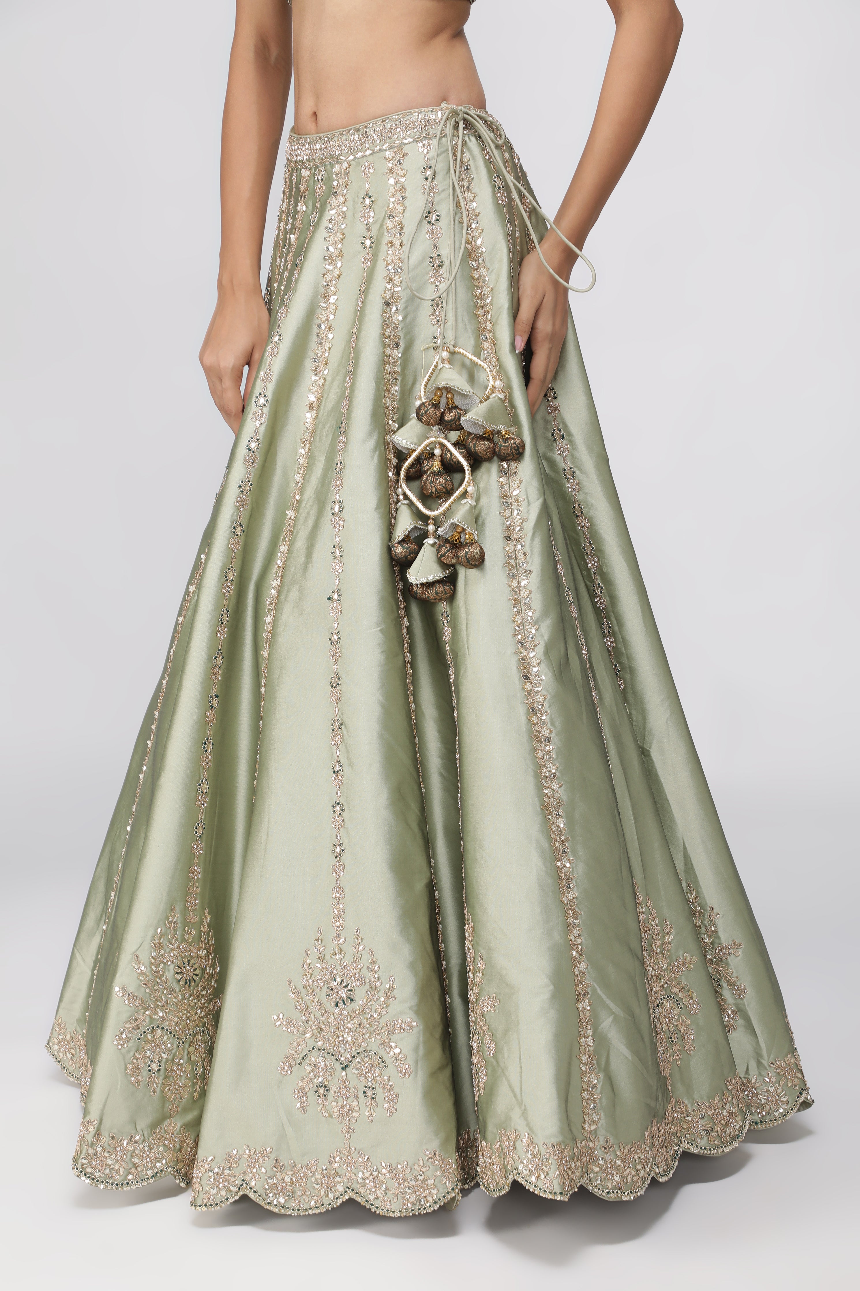 Mint Green Silk Lehenga with Bottle Green Banarasi Blouse