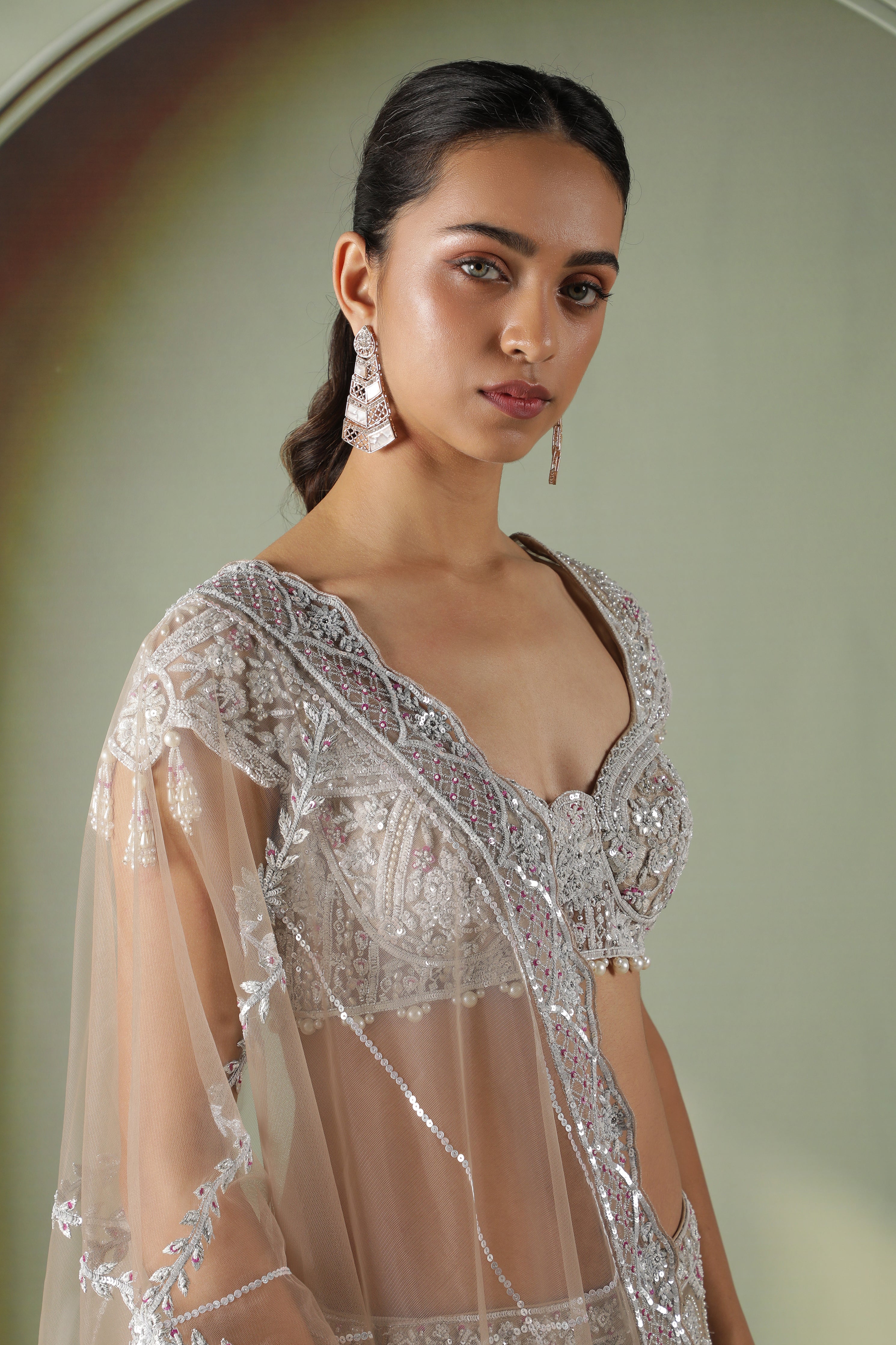 Champagne Mermaid Cut Net Lehenga Set