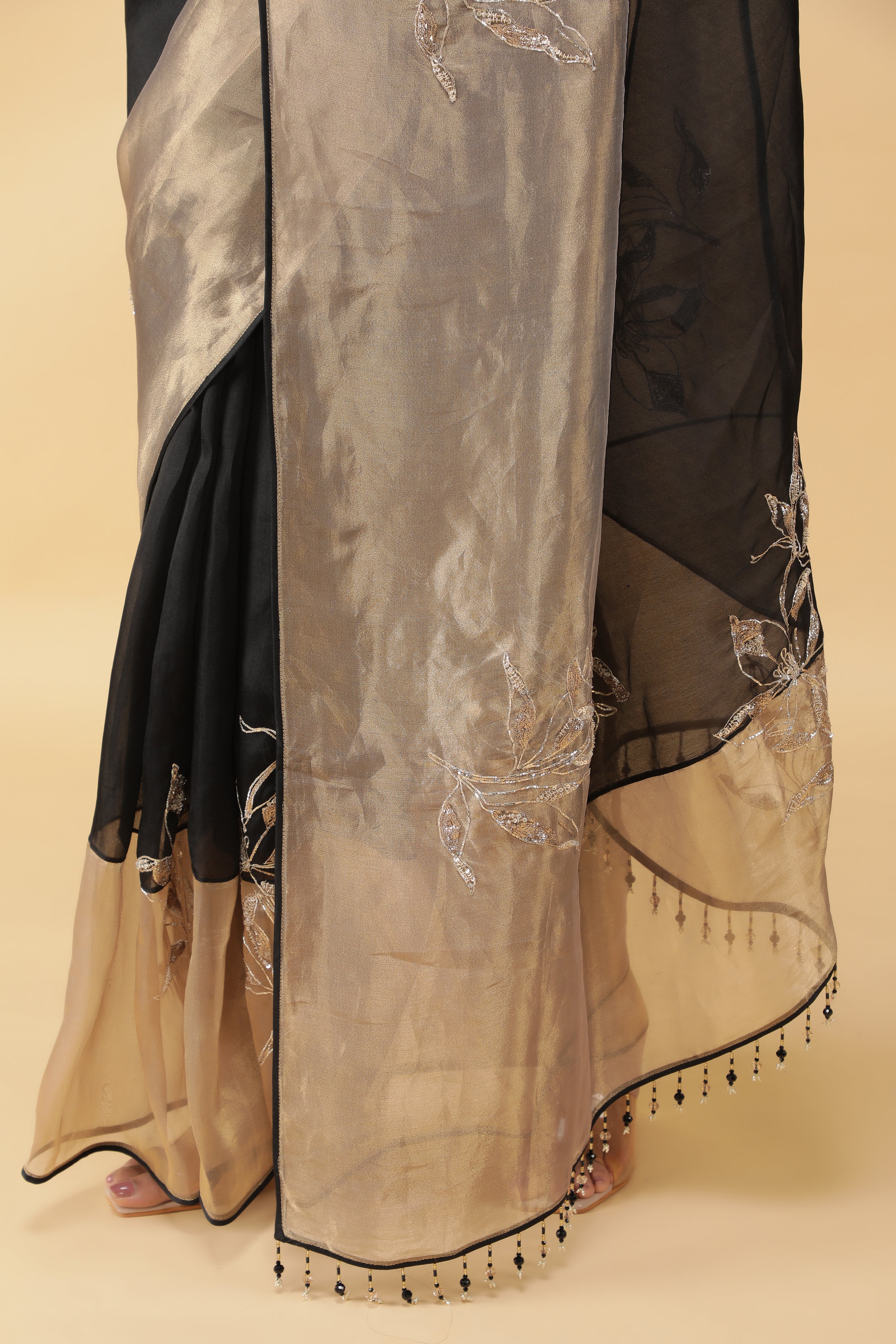 Black Organza Saree with Gold Tissue Border & Sequin Zari Motifs