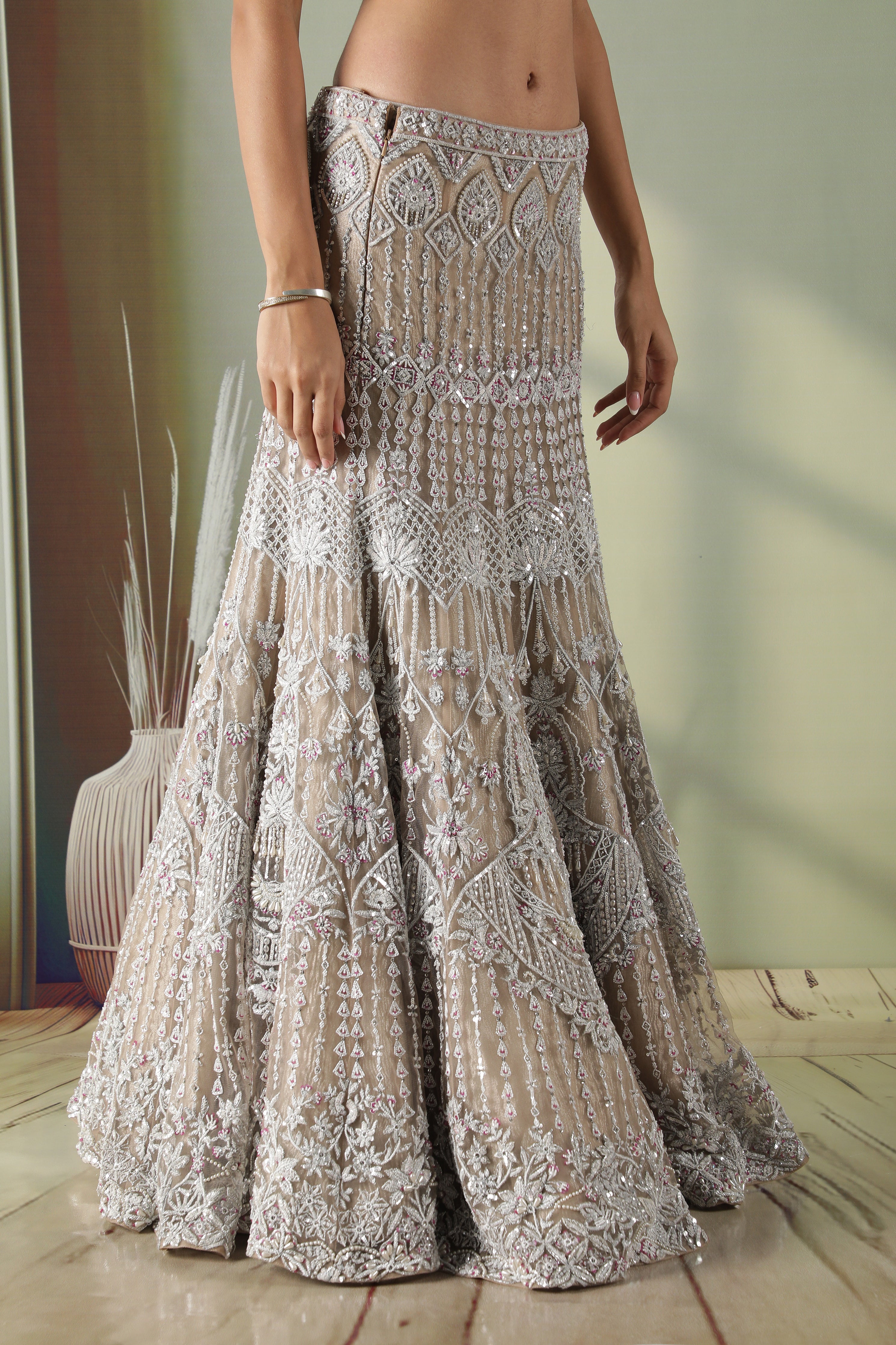 Champagne Mermaid Cut Net Lehenga Set