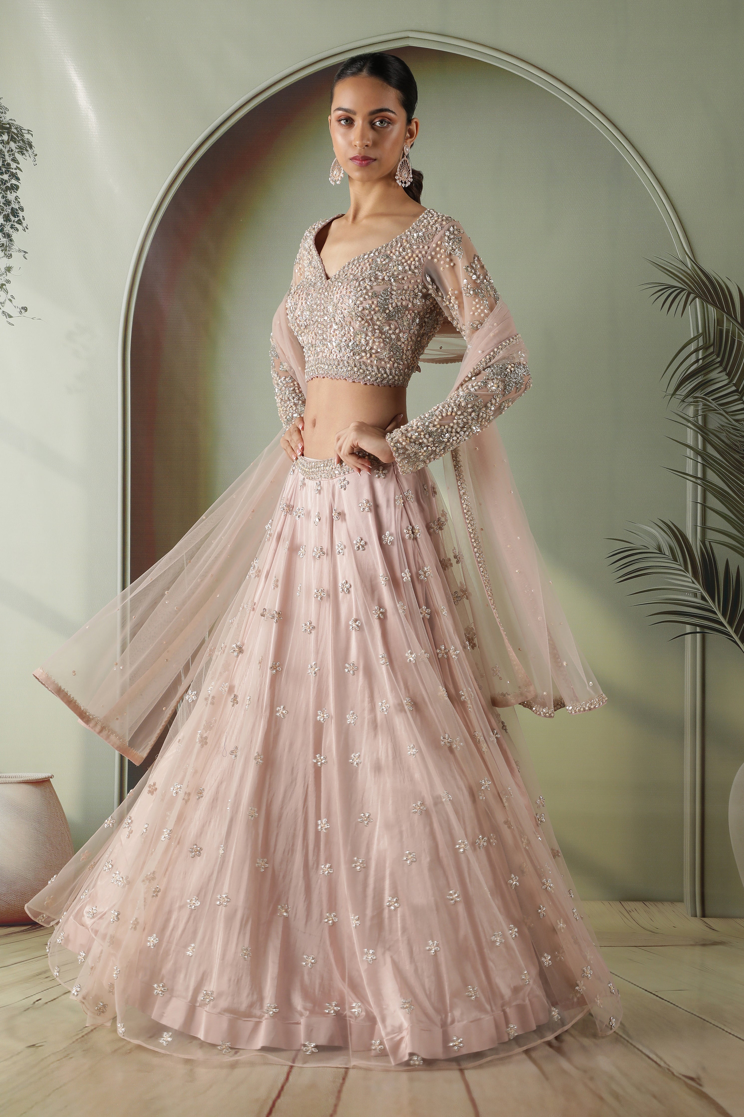 Dusty Rose Long-Sleeve Mirror & Pearl Embroidered Net Lehenga Set