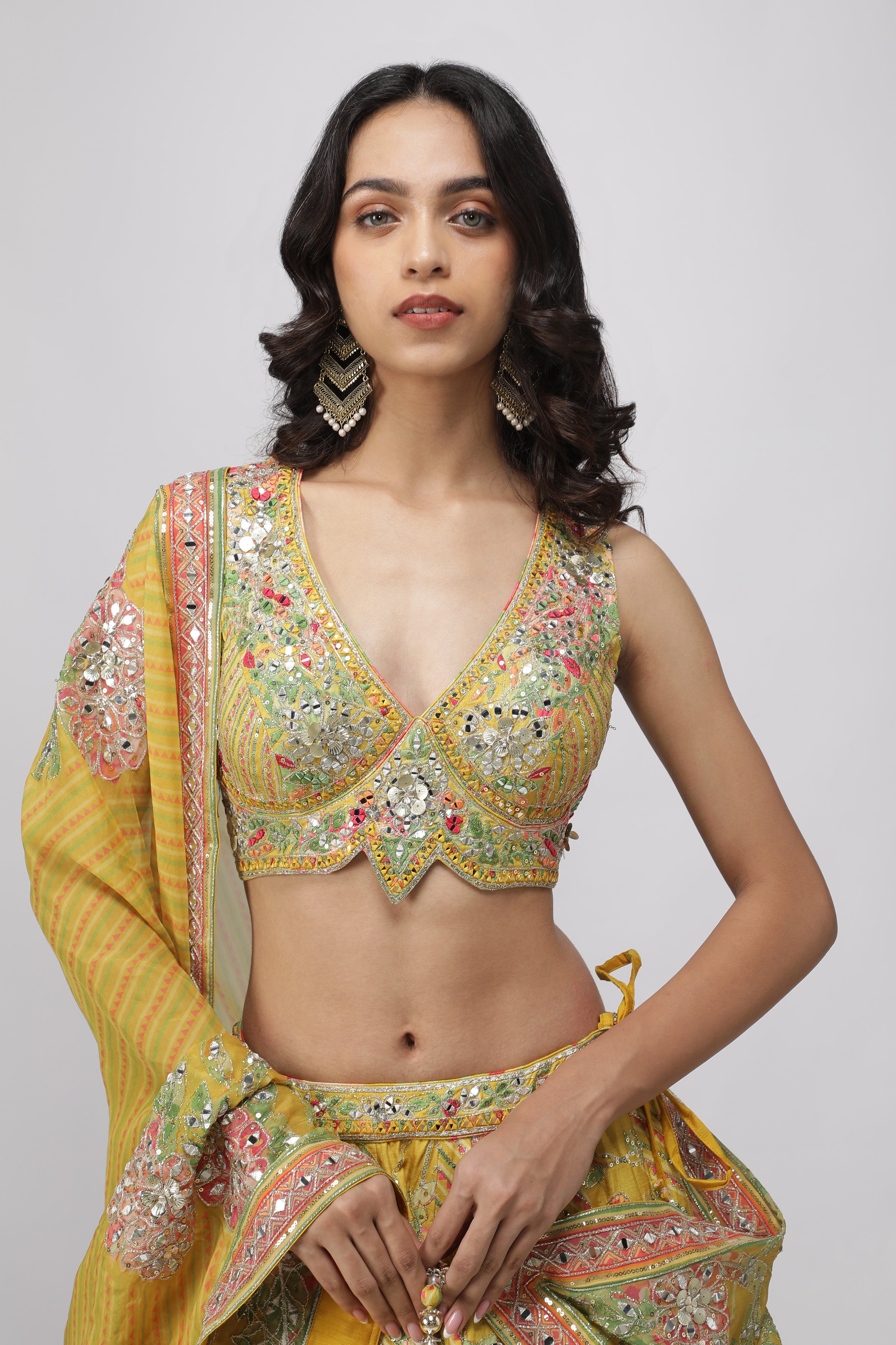Yellow Silk Floral Printed Lehenga Set