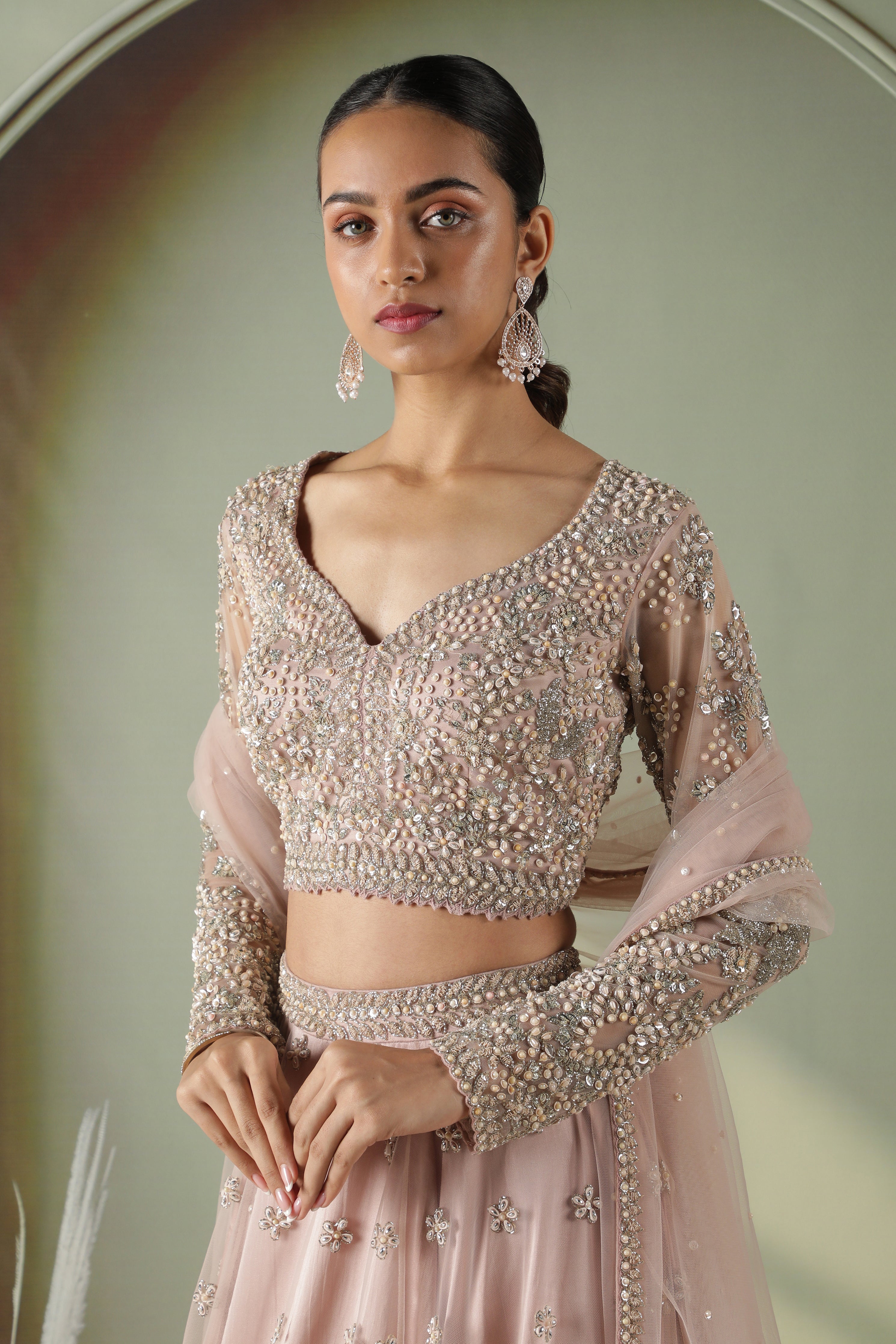 Dusty Rose Long-Sleeve Mirror & Pearl Embroidered Net Lehenga Set
