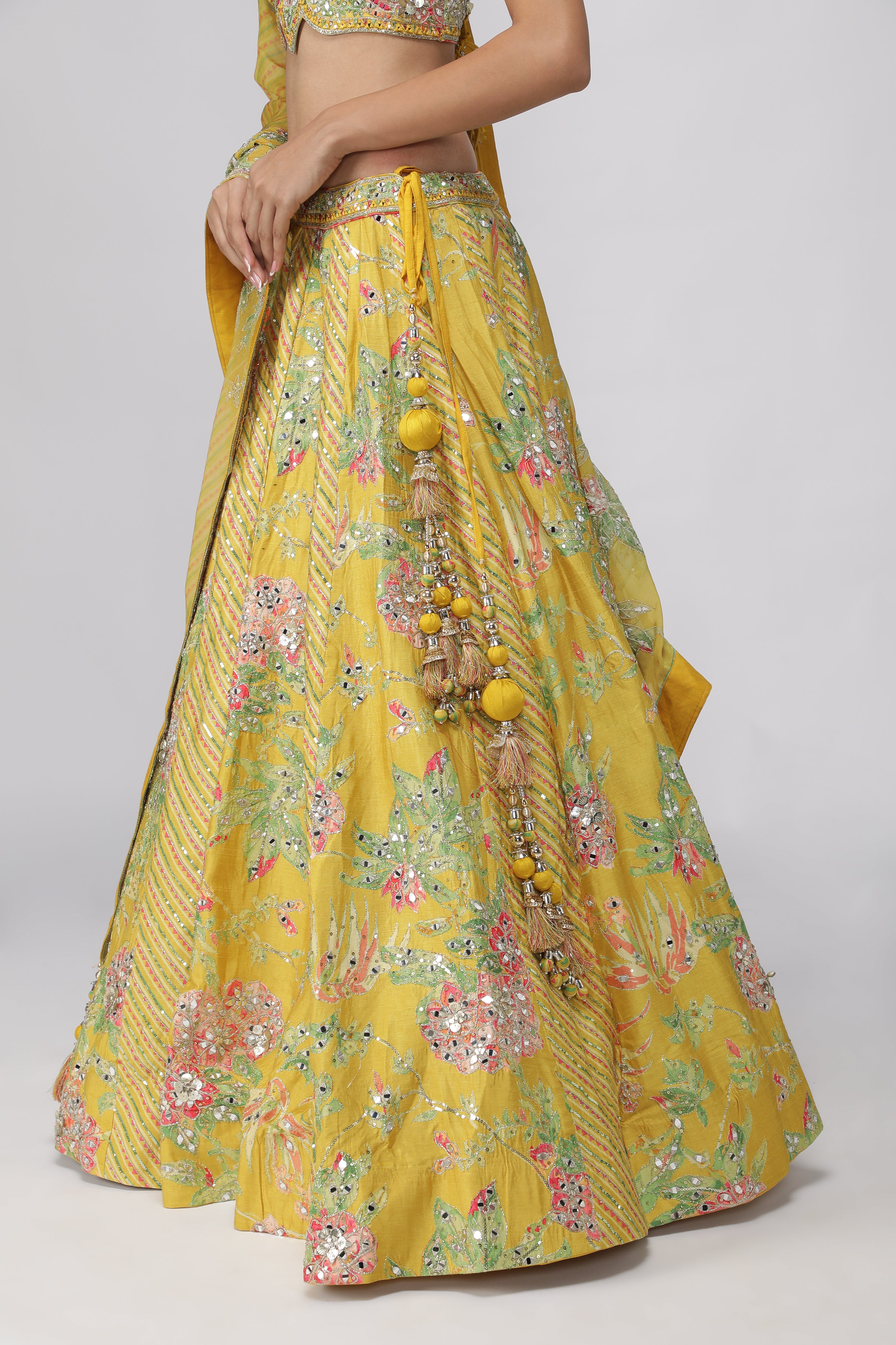 Yellow Silk Floral Printed Lehenga Set