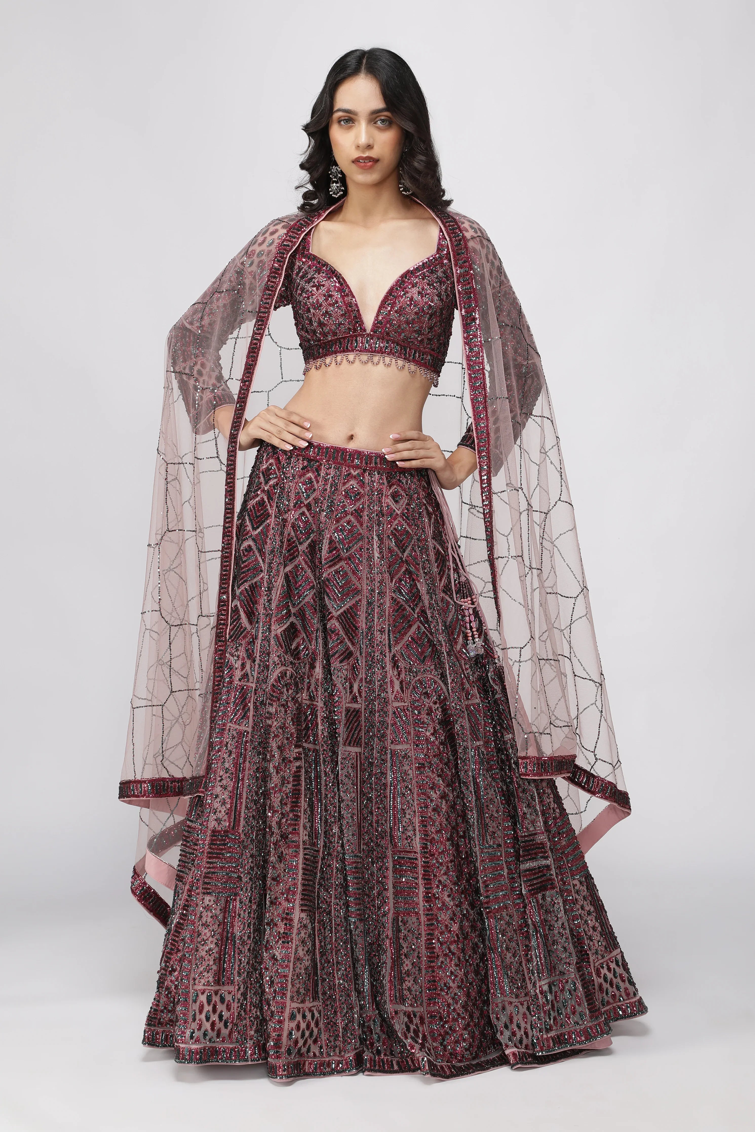 Berry Mauve Net Lehenga Set | Mokshaa