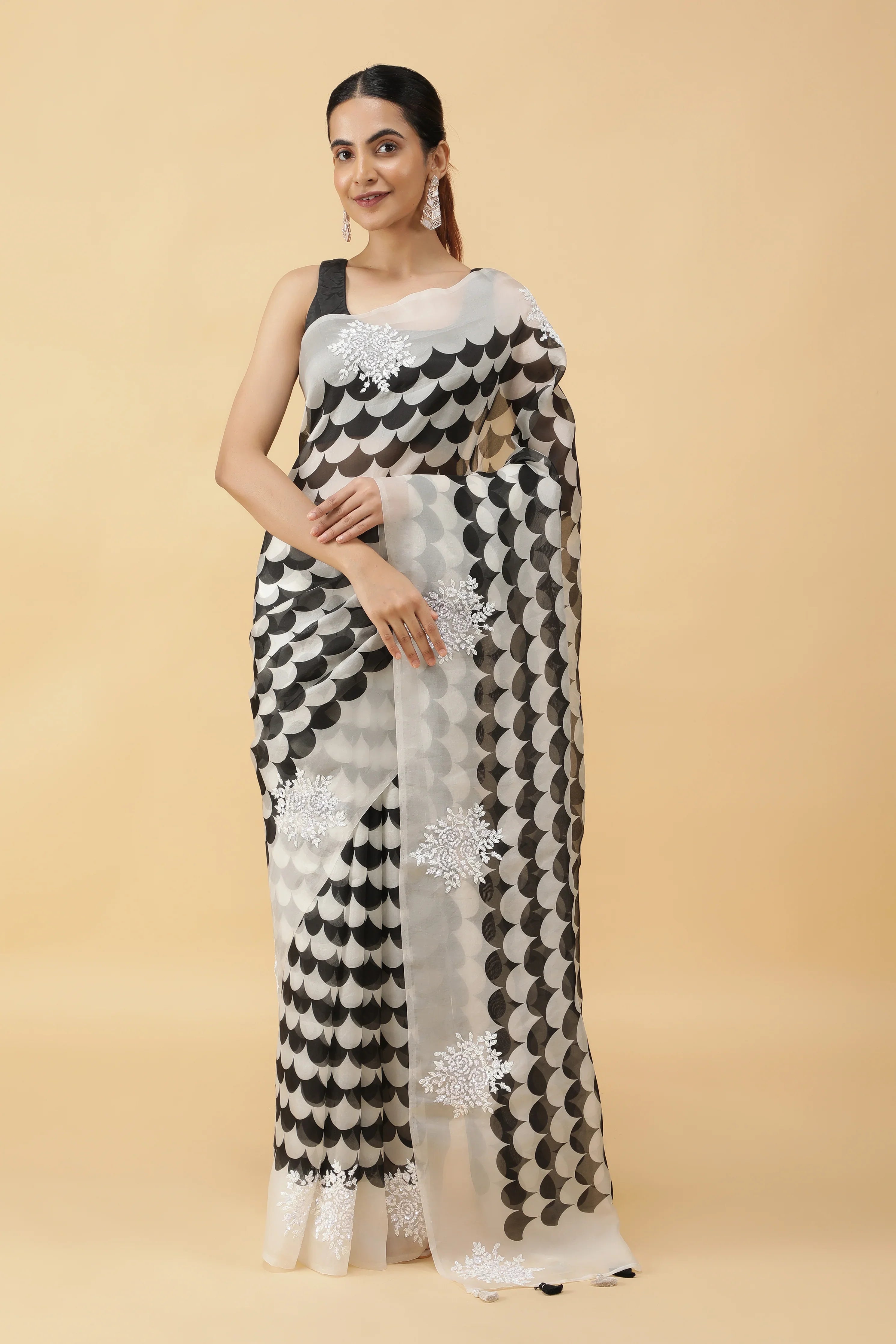 Black & White Kora Silk Saree with Sequin Embroidery - Mokshaa