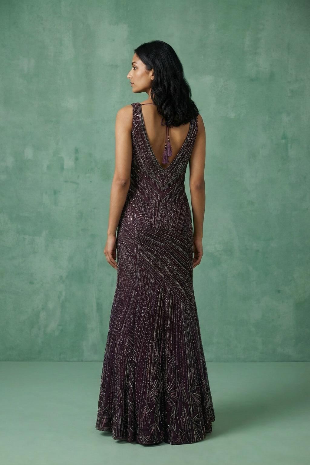 Deep Wine Net Mermaid Gown - Mokshaa