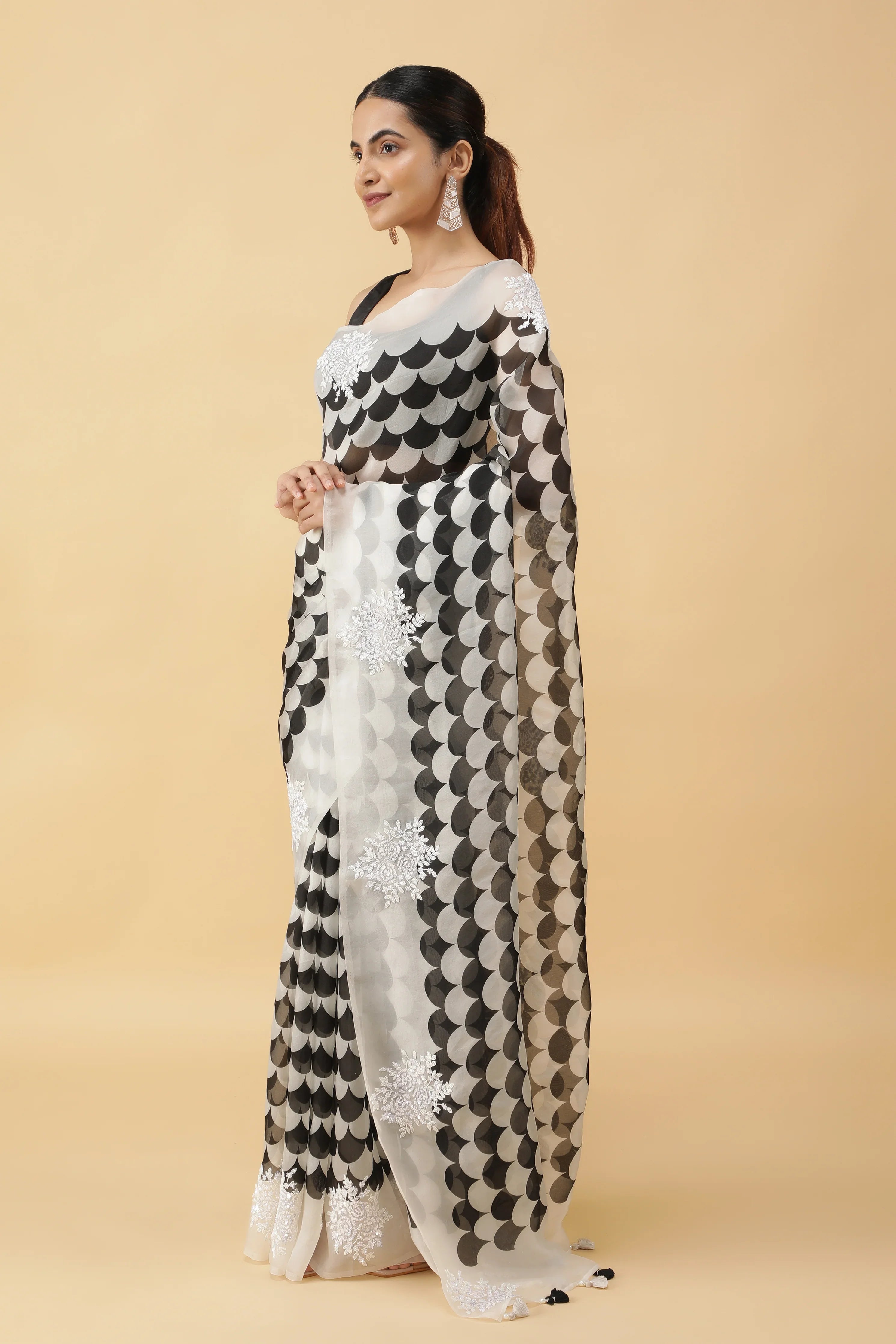 Black & White Kora Silk Saree with Sequin Embroidery - Mokshaa