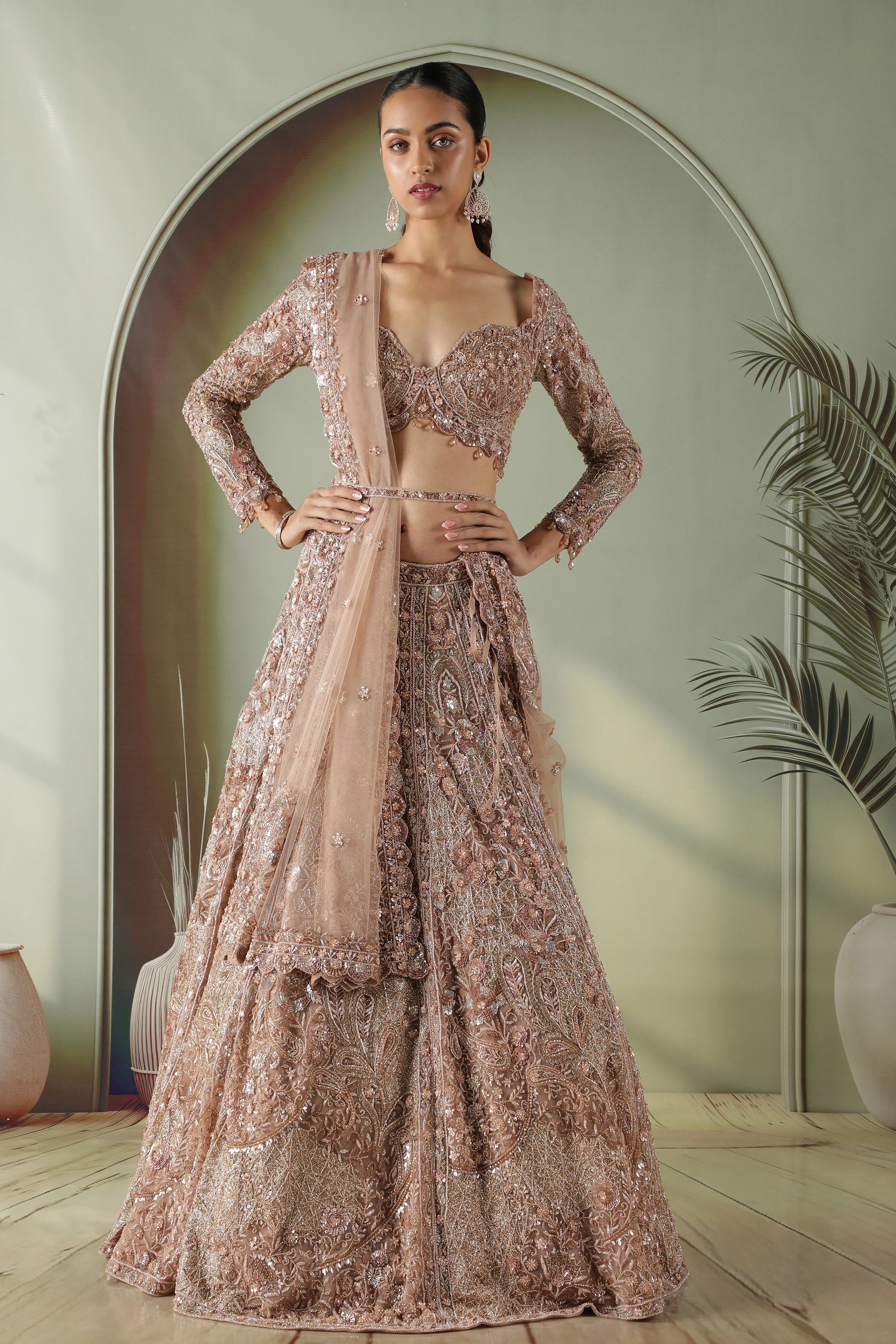 Antique Gold Heavily Embroidered Net Lehenga Set | Mokshaa