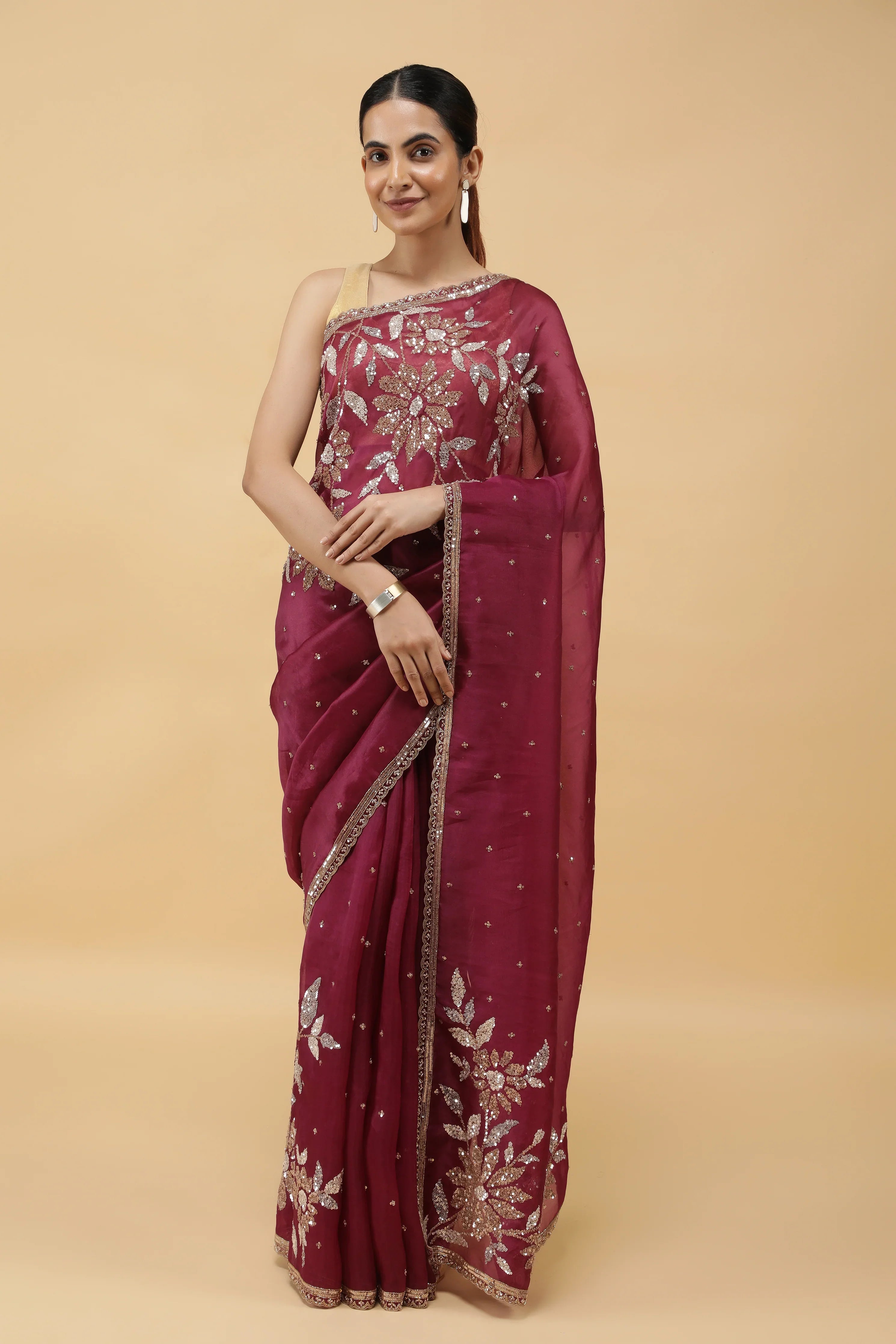 Wine Organza Saree with Silver & Gold Sequin Embroidery - Mokshaa