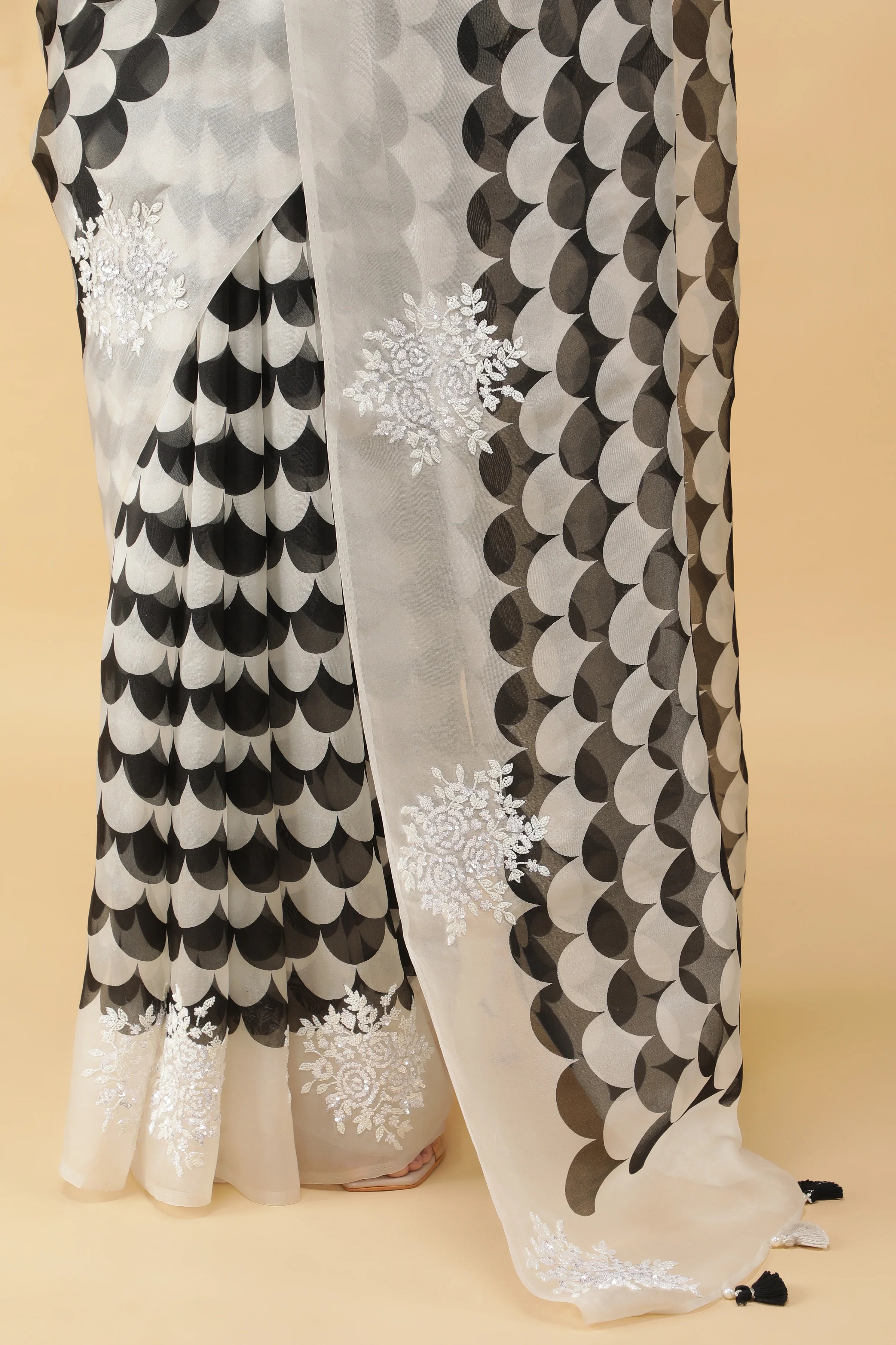 Black & White Kora Silk Saree with Sequin Embroidery - Mokshaa