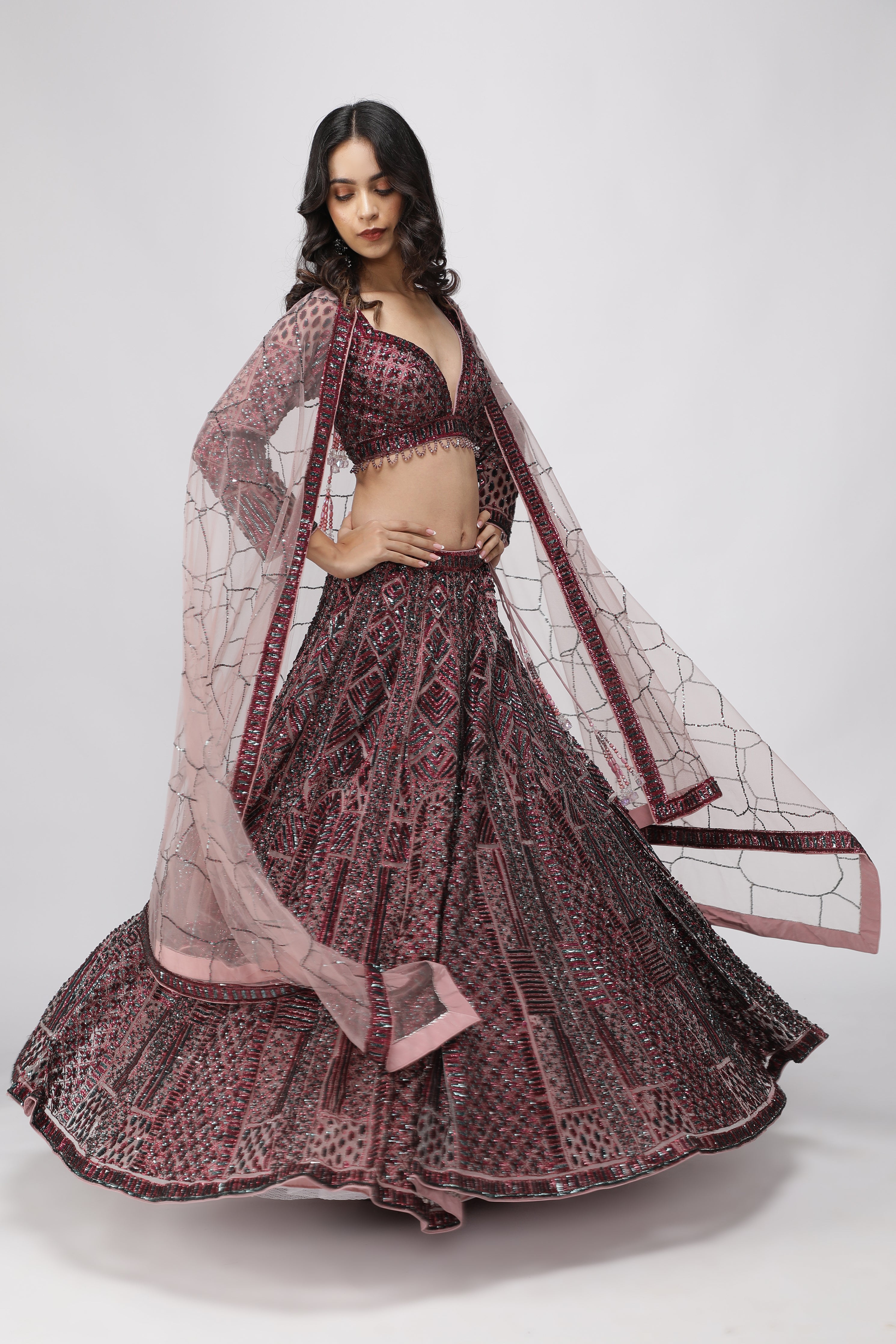 Berry Mauve Net Lehenga Set