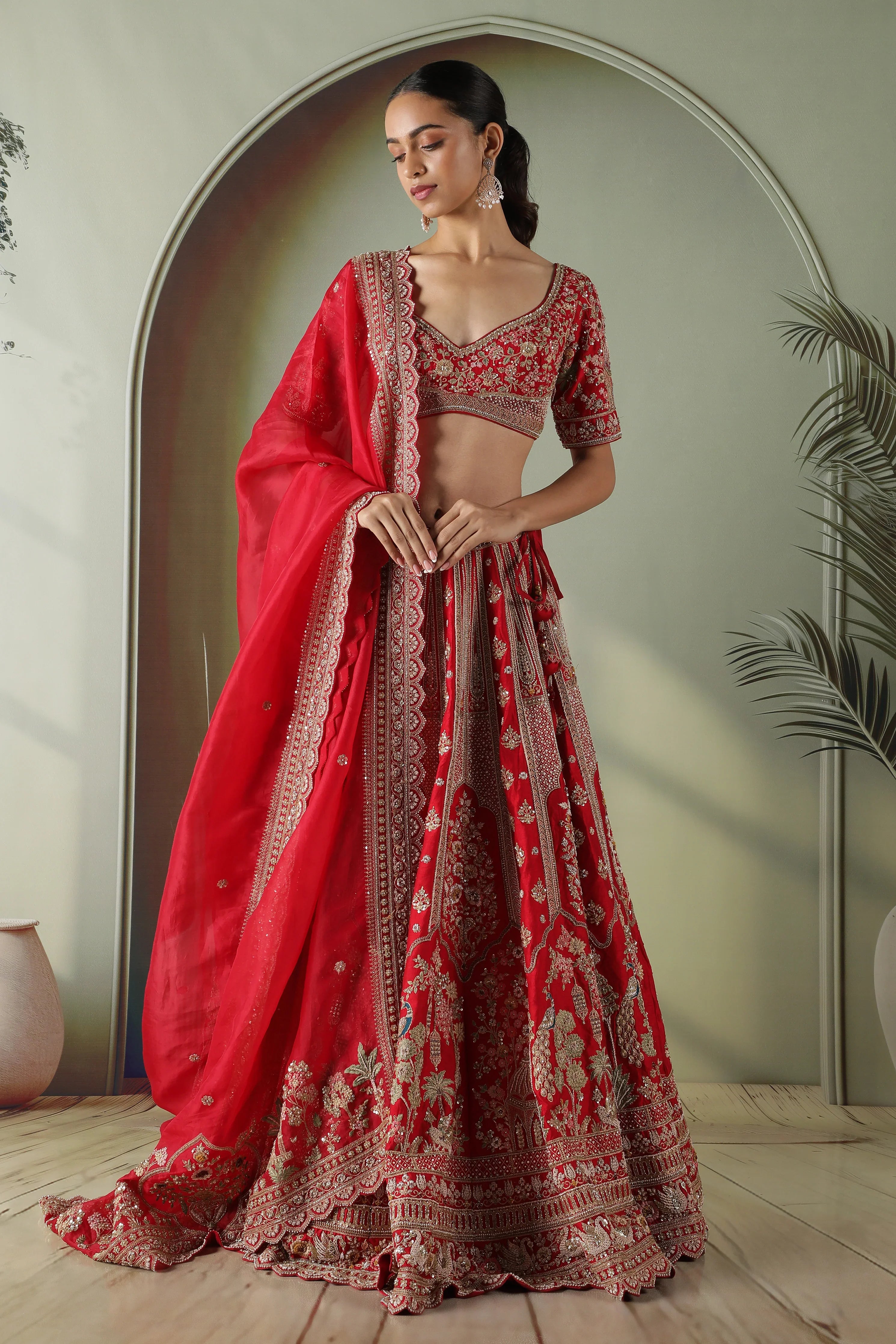 Red Raw Silk Bridal Lehenga Set | Mokshaa