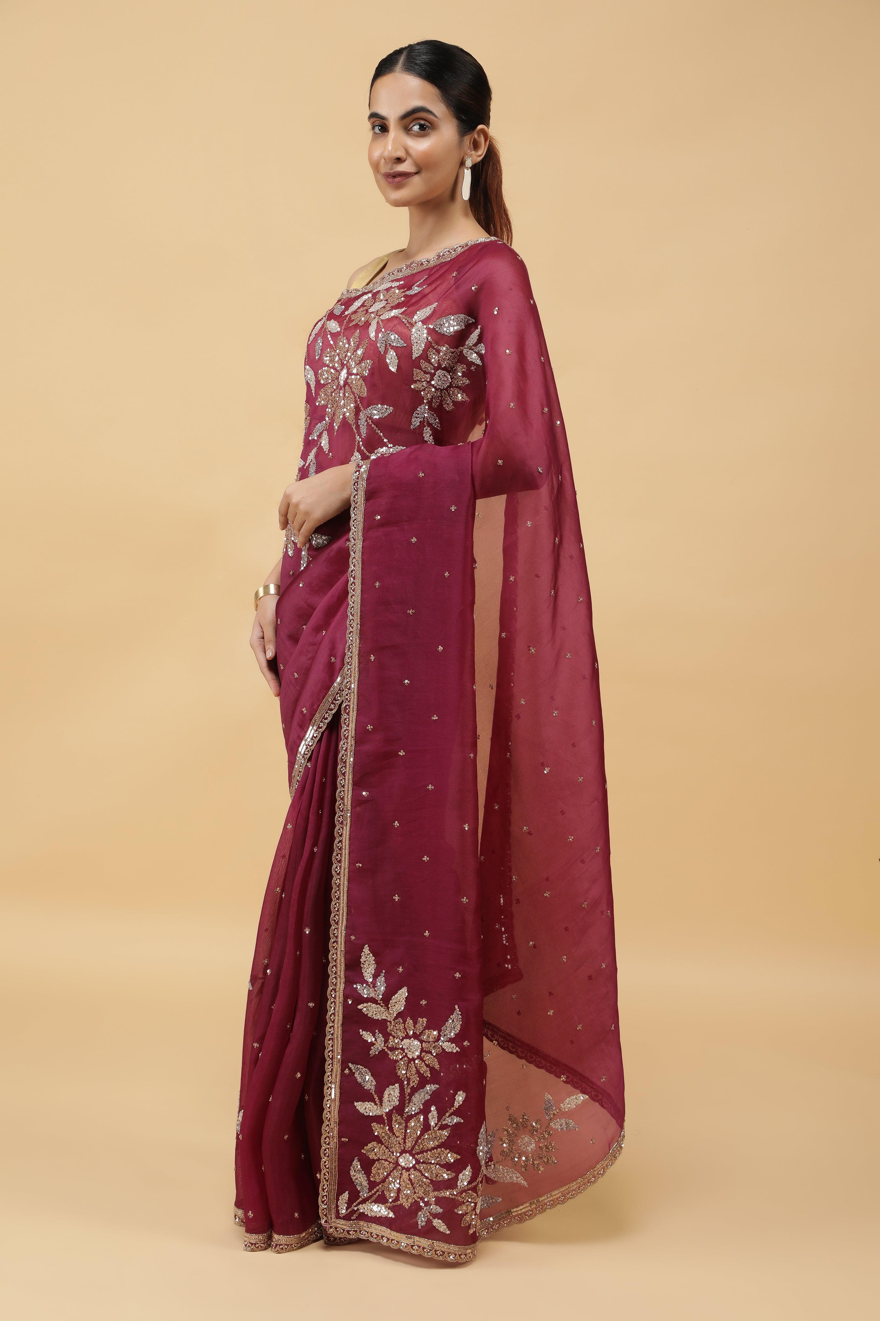 Wine Organza Saree with Silver & Gold Sequin Embroidery