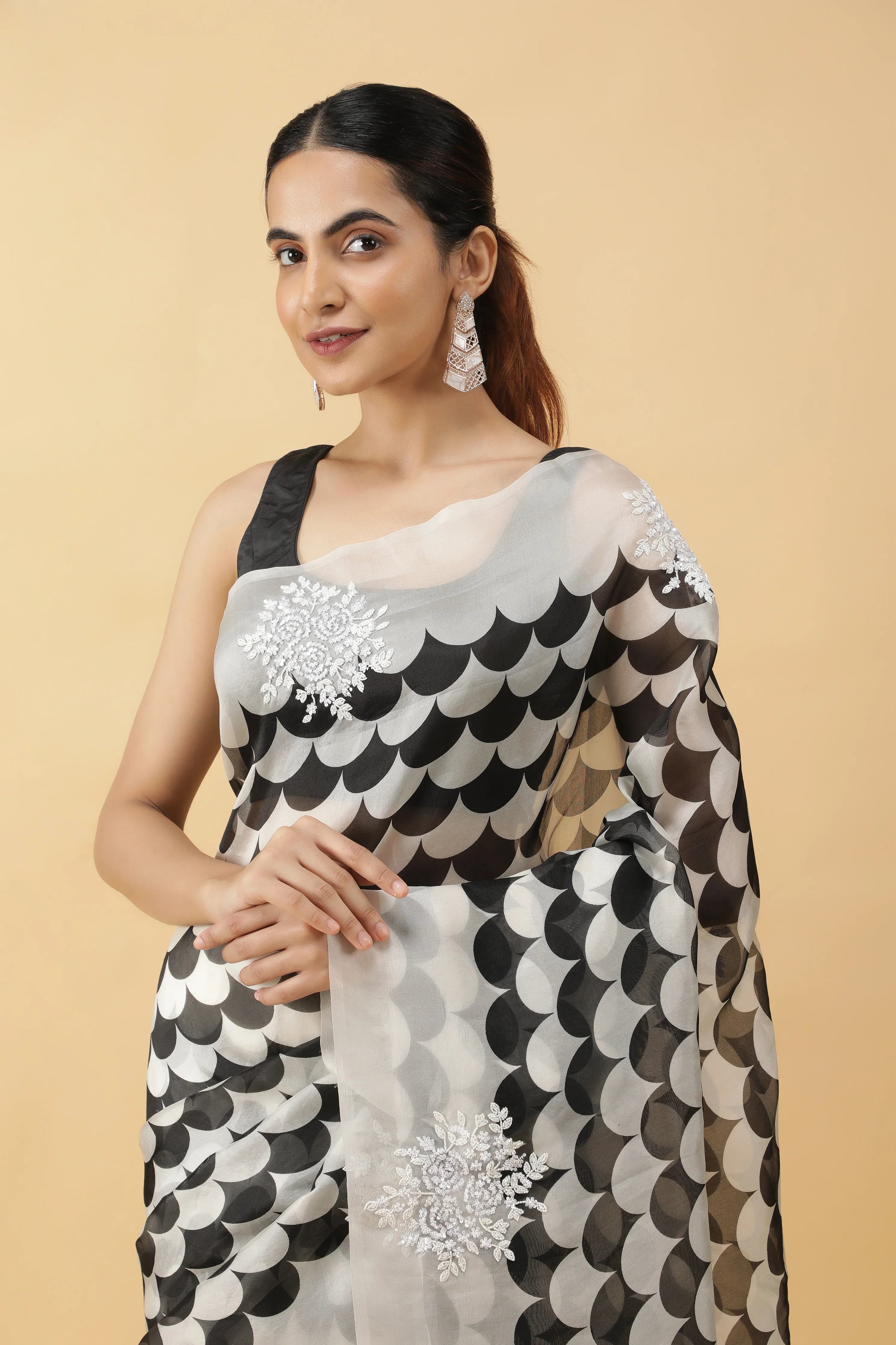 Black & White Kora Silk Saree with Sequin Embroidery - Mokshaa