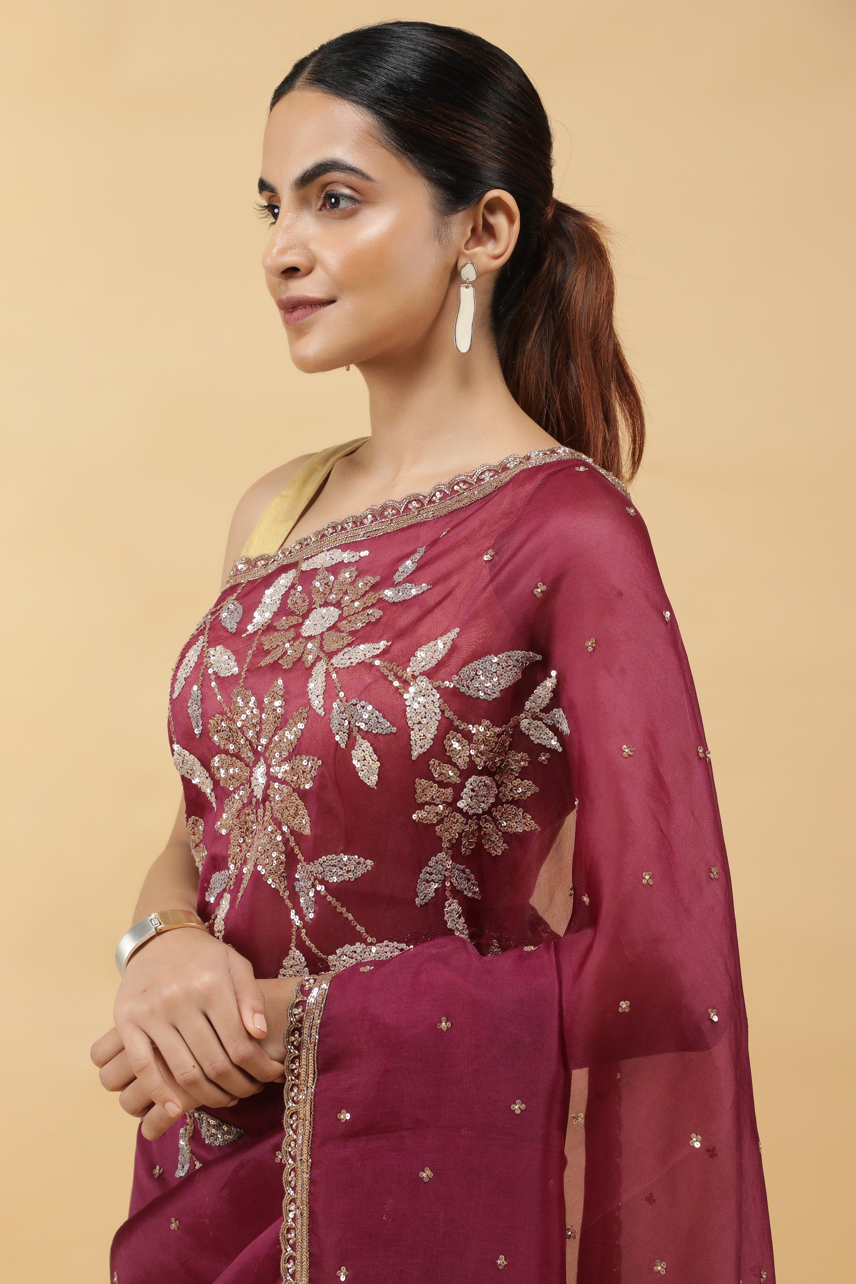 Wine Organza Saree with Silver & Gold Sequin Embroidery