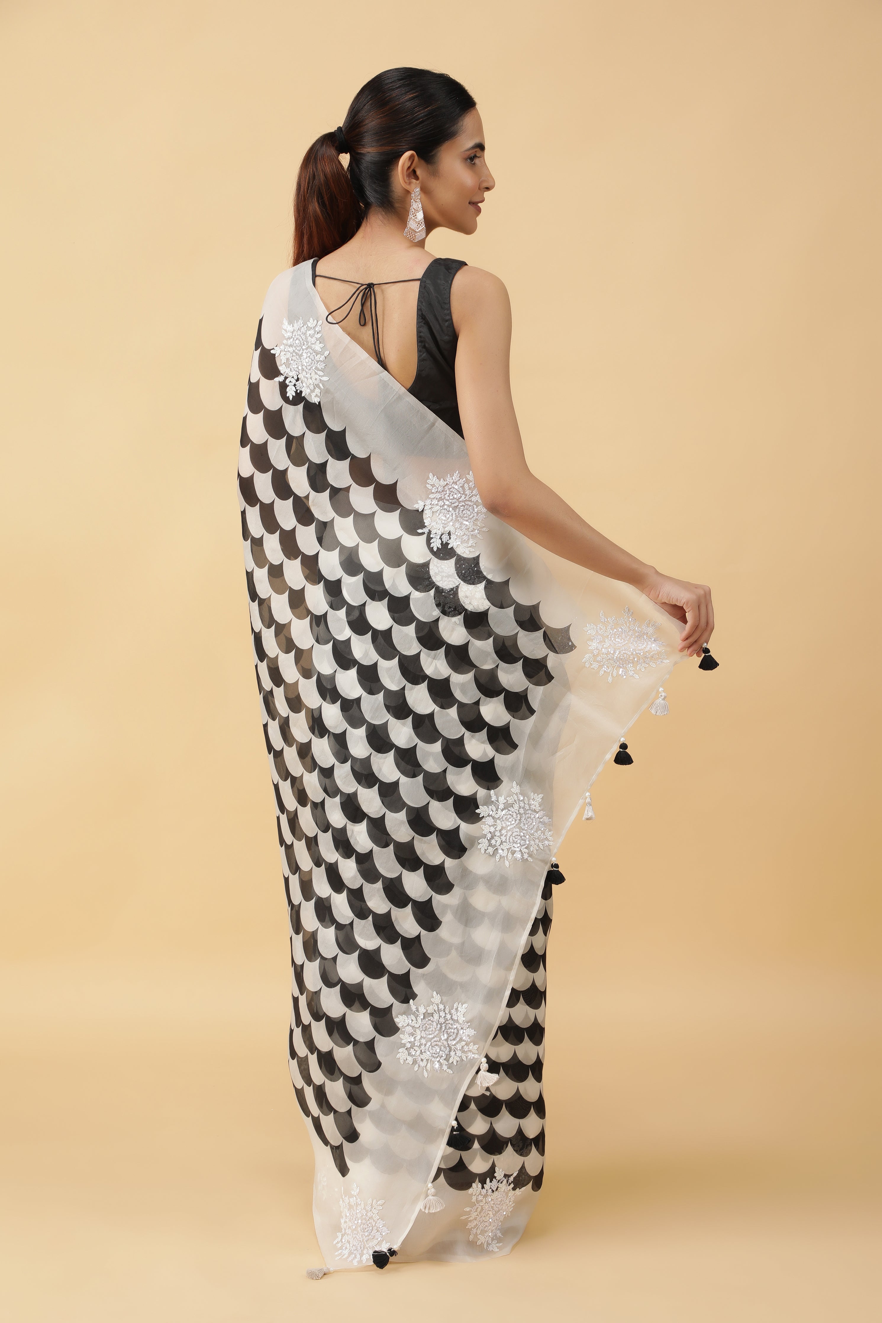 Black & White Kora Silk Saree with Sequin Embroidery